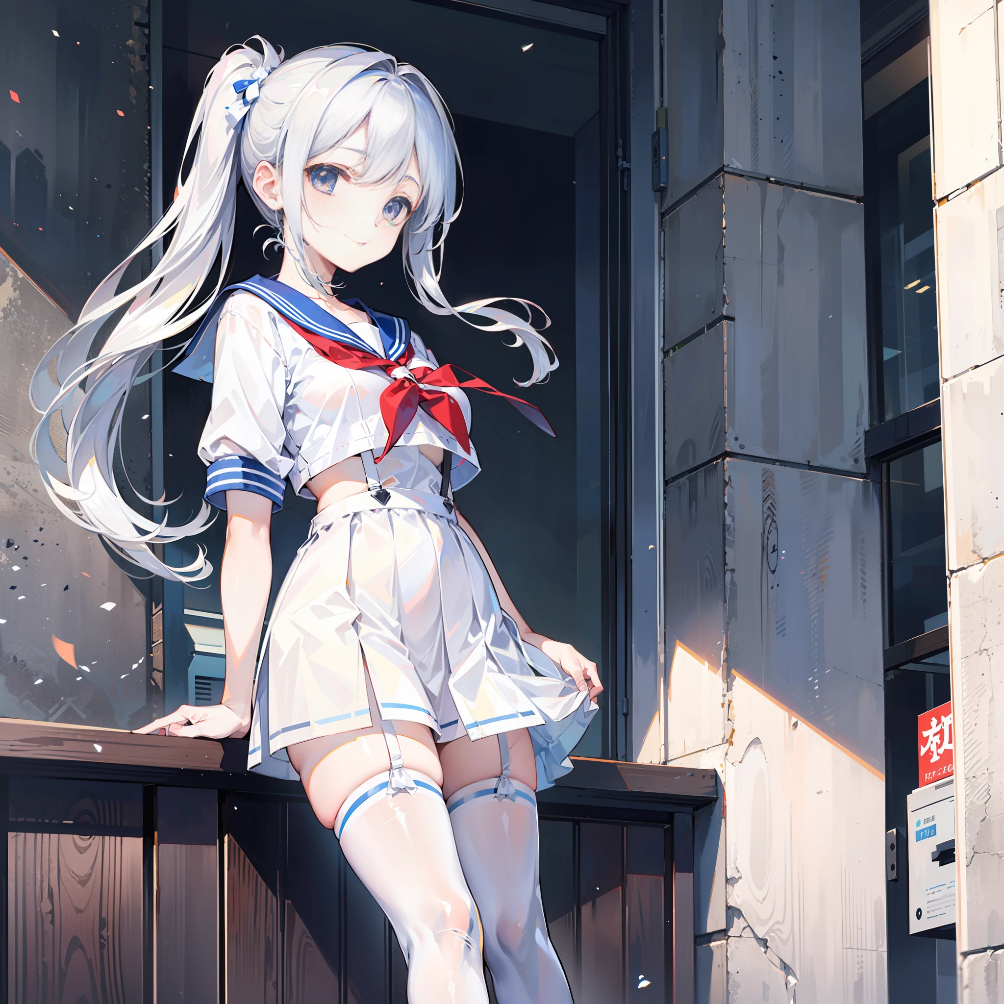 cute girly,White sailor suit,high ponytails,Silver eyes and hair,Medium-sized breasts,Smiling, White suspender stockings, Hair is being tied, A gentle breeze blows on the side of the street,Front view