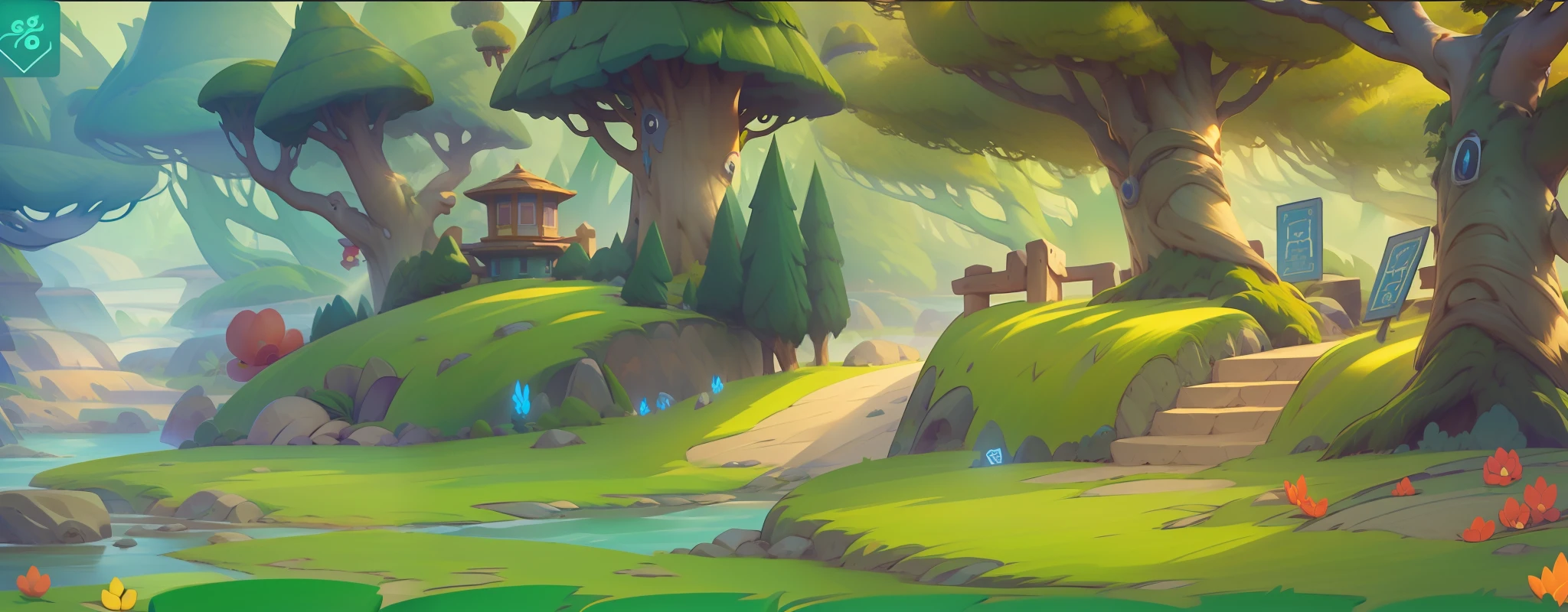 game scenes,cartoonish style,Side-scrolling battle scenes,The theme of the forest、Faraway view、The middle view is a flat ground,up-close,angle of depression,gameicon,tmasterpiece,Epic composition,best qualtiy,超高分辨率,8K