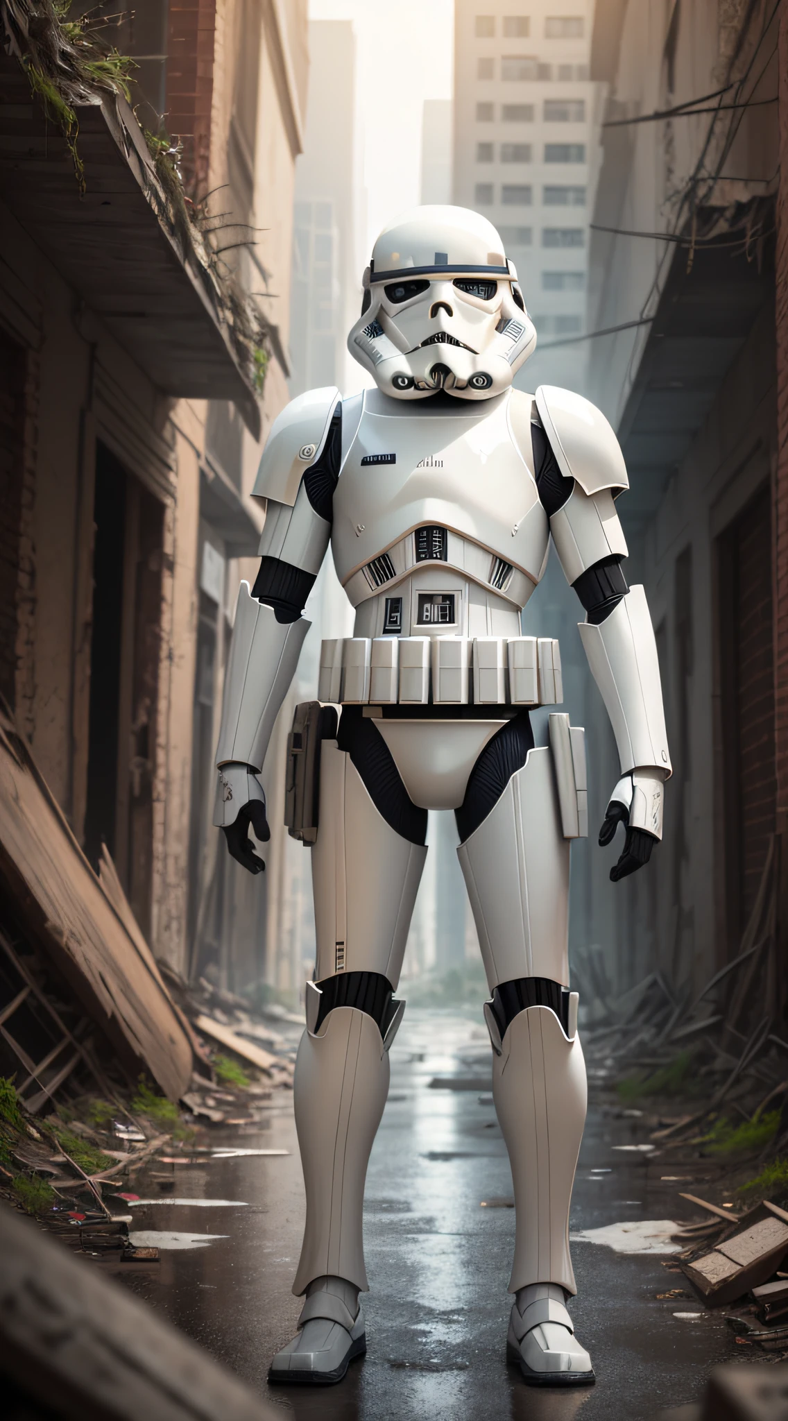 (best quality:1.1), (masterpiece:1.1), detailed, perfect anatomy,morning, natural lighting,
1 storm trooper posing for camera, 
city ruins background,