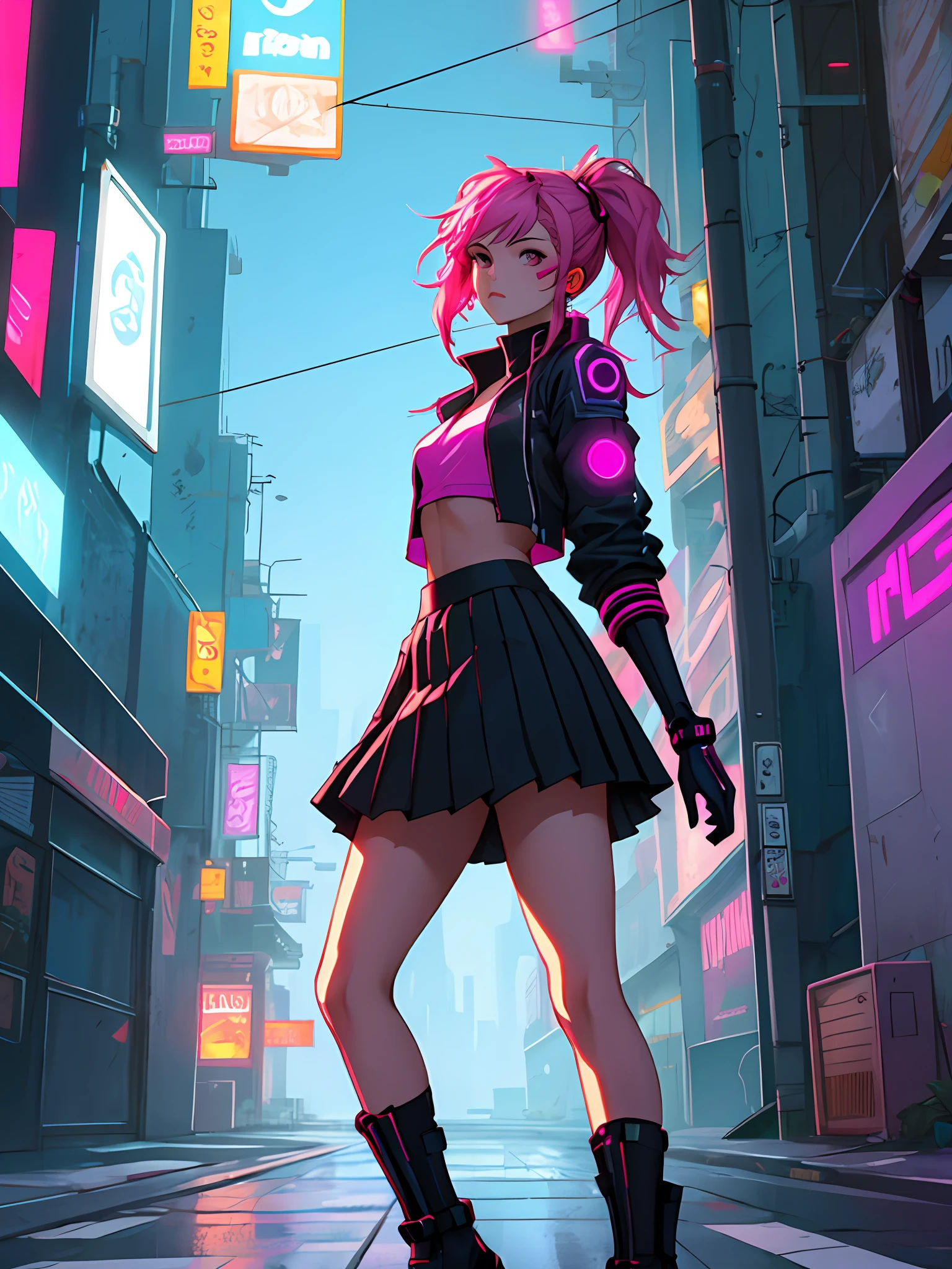 cyber punk perssonage，teens girl，Lateral face，orthofacial，low chest，short  skirt，neonlight，the street，clean, Clean, a clean picture