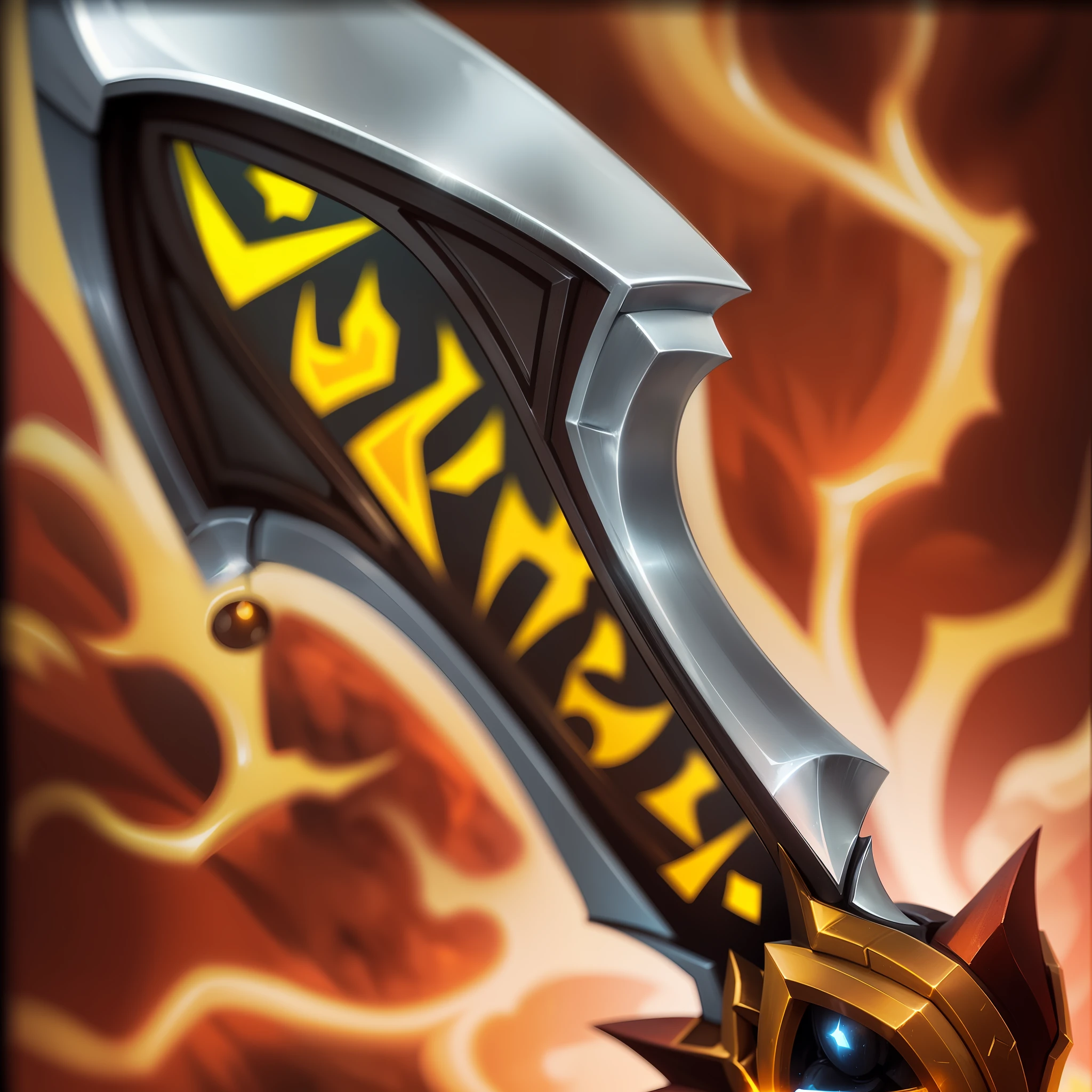 Real material,there is a picture of a very large sword with a yellow and black logo, war blade weapon, godsent, jagged sword, avatar image, fantasy blade, huge sword, warcraft blizzard weapon art, holding jagged scimitar, medievil spear, glaive, hearthstone weapon art, wielding kunai, epic legends game icon, league of legends inventory item --auto