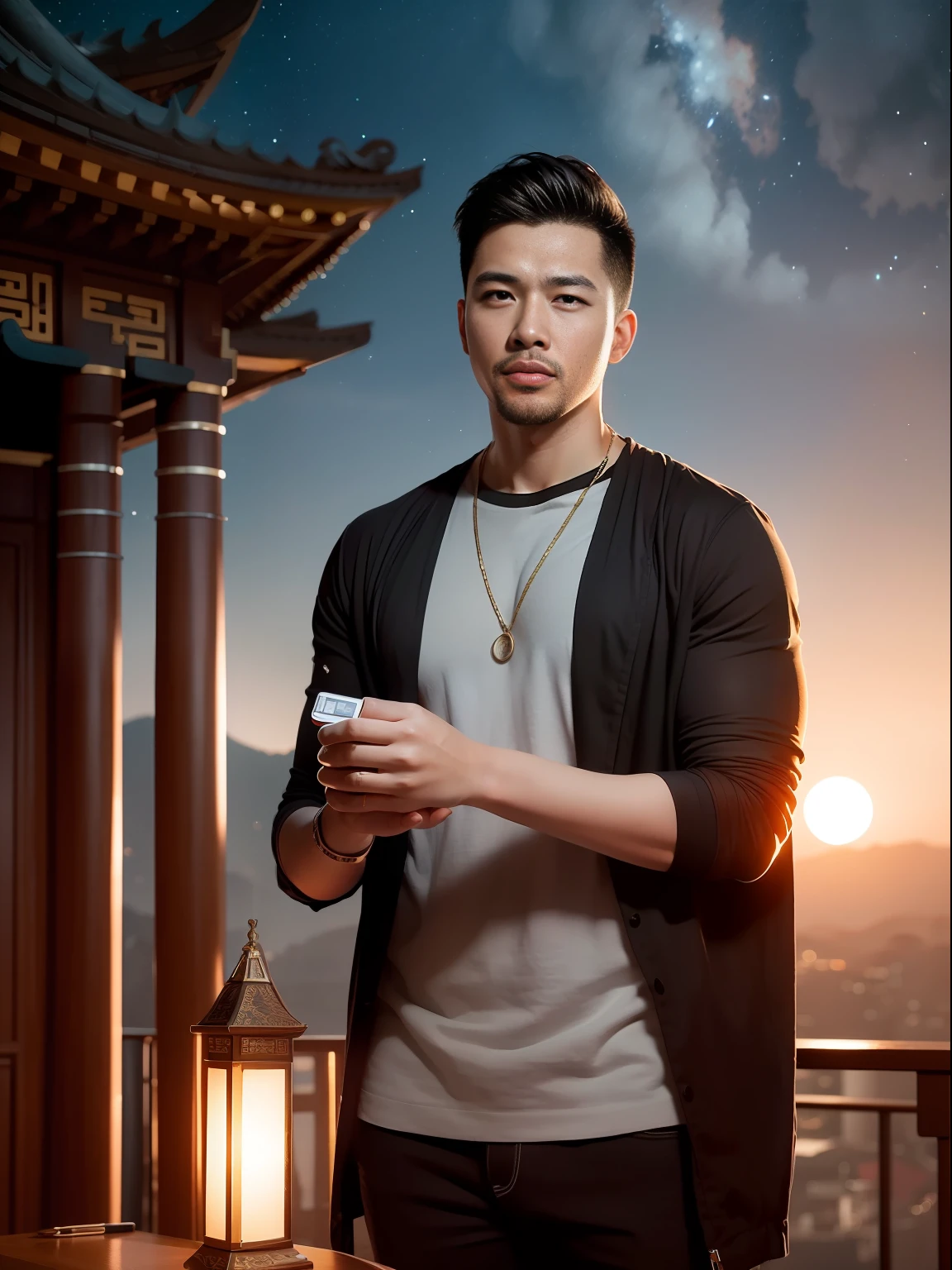 （best qualtiy，tmasterpiece），（Ultra-detailed colors），A handsome 35-year-old Chinese astrologer meditates around the totem of the second house of the ecliptic，Constellation Temple，ultra-realistic realism，observatory，Futuristic Asian Star Wars city background，Men's bright gold translucent pliers，large bulge，stubbles，Hairy Thighs，Very attractive，hdr，Dramatic lighting，Art Station trend，CGSociety trends，Professional photography