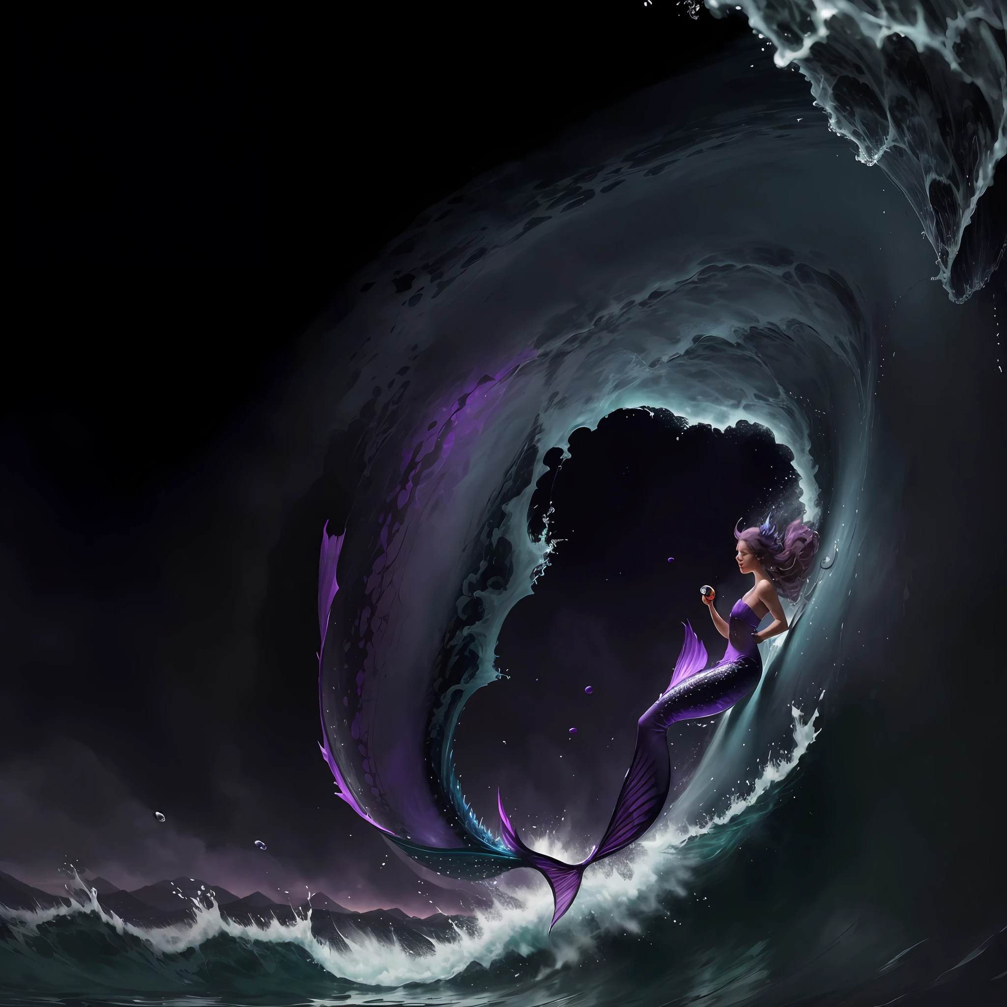 Upper halfling，Lower body hippocampus，Similar to a mermaid，Purple clothes，Big purple waves，Elegant charging action --auto