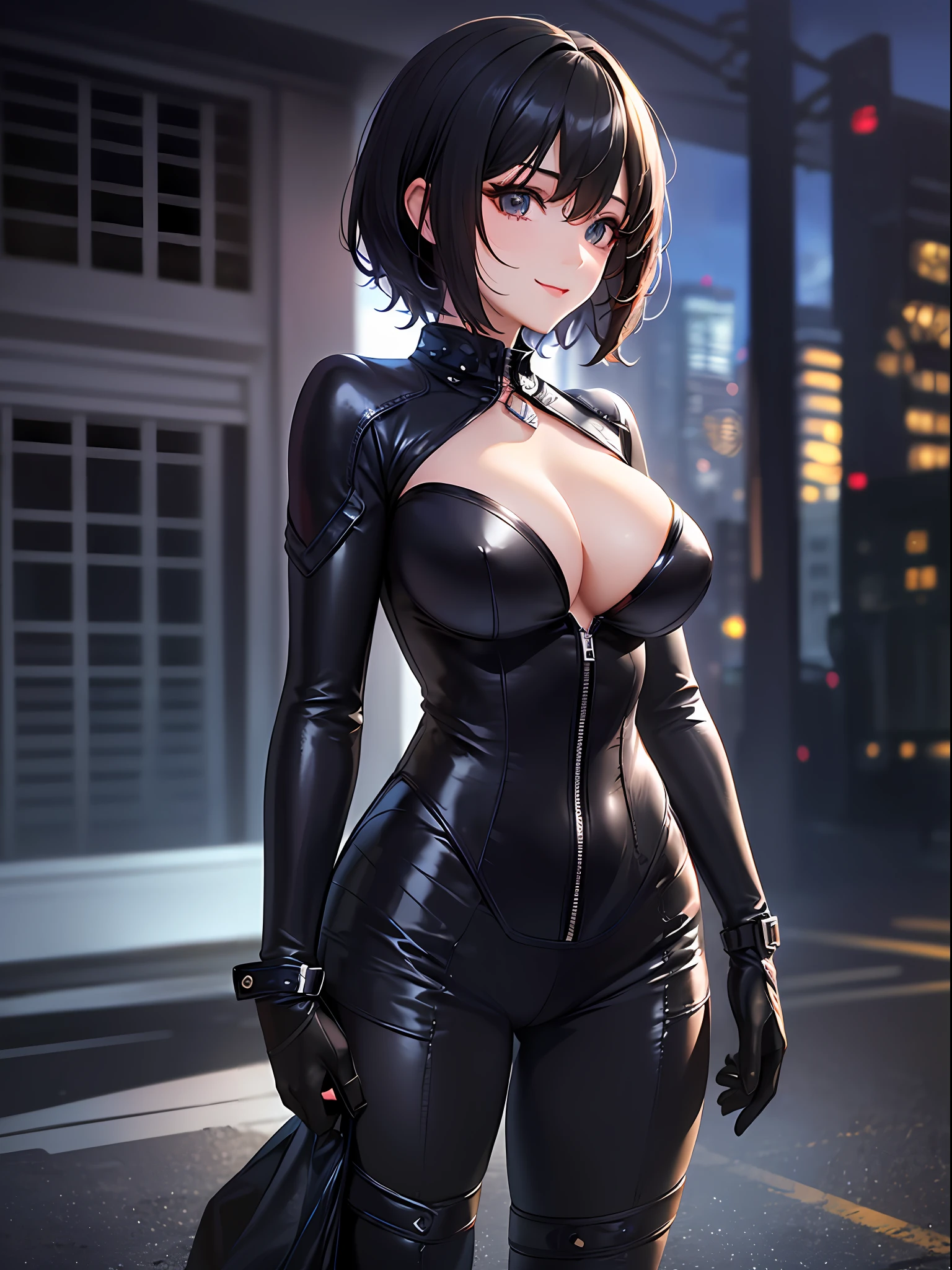 (top-quality: 1.3)、(​masterpiece: 1.3)、(The ultra-detailliert: 1.3)、(wall-paper, one girls)、([Diamonds: 1.3|The eye]:1.2)、(Perfect beautiful black rider suit:1.3)、(A dark-haired:1.3)、short-hair、(Beautiful Large Breasts:1.3)、car park、ssmile、sexypose