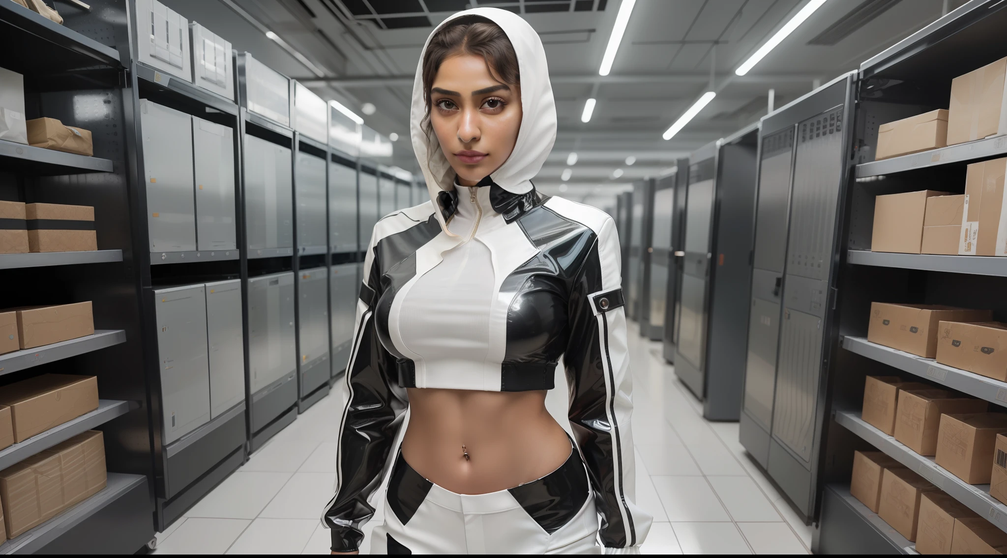(8k, ARTISTIC photography, best quality, masterpiece: 1.2), (realistic, photorealistic: 1.37), over-detailed, (high-detail skin: 1.2), 8k uhd, SLR camera, soft lighting, high quality, film grain, Arri Alexa mini,, professional lighting, photonic display, brightness, physically rendered photo (cyber punk Girl, hacker, Arab woman, in a server room ), beautiful face ((Golshifteh Farahani)), ((half smile)), over-detailed face, (((big open eyes))), beautiful body, toned body, perky breast (( dressed in crop, PVC jacket)), (((over-detailed clothing))), (((the color of the clothes is white))), (((futuristic minimalist outfits))), posing, in a local small grocery shop as background, (((pure 8K))), (((perfect anatomy))), extremely high-quality graphics, midday sunlight, (((cinematic lighting))), ((clear details)), complex, highly detailed background,