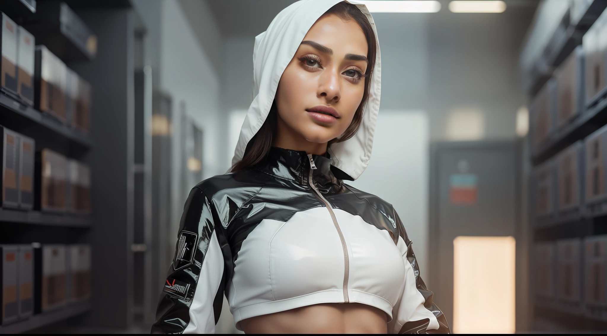 (8k, ARTISTIC photography, best quality, masterpiece: 1.2), (realistic, photorealistic: 1.37), over-detailed, (high-detail skin: 1.2), 8k uhd, SLR camera, soft lighting, high quality, film grain, Arri Alexa mini,, professional lighting, photonic display, brightness, physically rendered photo (cyber punk Girl, hacker, Arab woman, in a server room ), beautiful face ((Golshifteh Farahani)), ((half smile)), over-detailed face, (((big open eyes))), beautiful body, toned body, perky breast (( dressed in crop, PVC jacket)), (((over-detailed clothing))), (((the color of the clothes is white))), (((futuristic minimalist outfits))), posing, in a local small grocery shop as background, (((pure 8K))), (((perfect anatomy))), extremely high-quality graphics, midday sunlight, (((cinematic lighting))), ((clear details)), complex, highly detailed background,