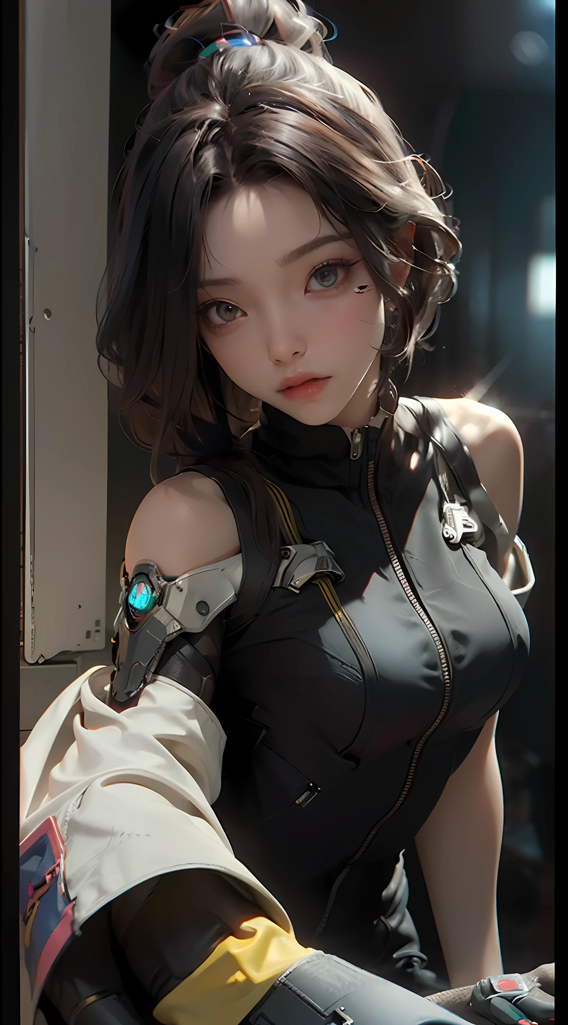 ((Best quality)), ((masterpiece)), (detailed:1.4), 3D, an image of a beautiful cyberpunk female,HDR (High Dynamic Range),Ray Tracing,NVIDIA RTX,Super-Resolution,Unreal 5,Subsurface scattering,PBR Texturing,Post-processing,Anisotropic Filtering,Depth-of-field,Maximum clarity and sharpness,Multi-layered textures,Albedo and Specular maps,Surface shading,Accurate simulation of light-material interaction,Perfect proportions,Octane Render,Two-tone lighting,Wide aperture,Low ISO,White balance,Rule of thirds,8K RAW,
