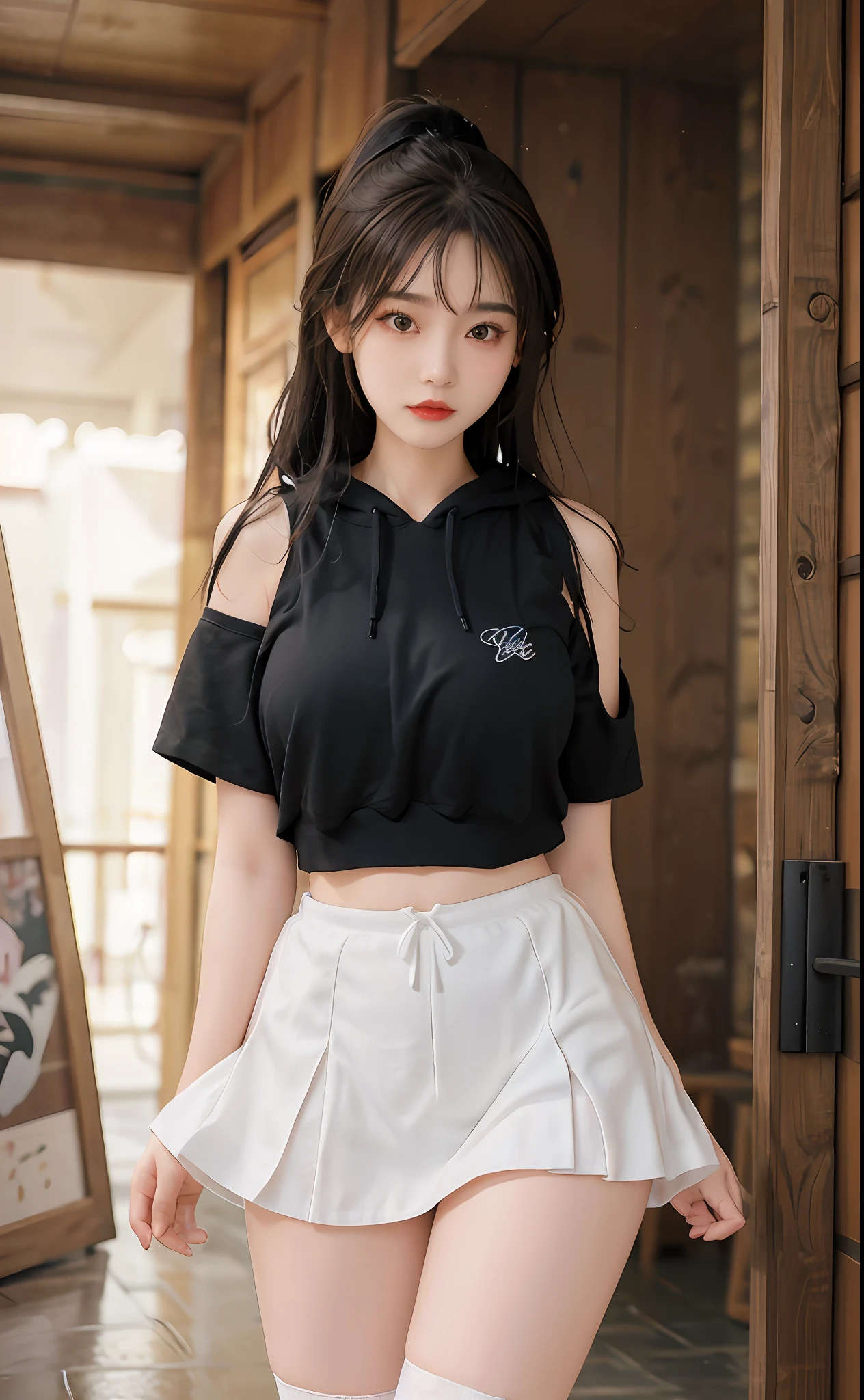 (masterpiece, realistic, high resolution), ((1 girl): 1.2), Korean, ((white wavy hair): 1.3), (heterochromia: 1.1, thick eyebrows,), (white hoodie, black sports shorts), ((medium breasts): 1.2, small waist, thigh), catwalk walk, masterpiece: 1.2, best quality), realism, (real pictures, rich detail details, depth of field), (1 girl, solo), makeup, high detail, perfect face shape, (: 1.4), (skin dents), thick thighs, wide hips, thin waist, high, coral, red lips, red eyes, ponytail (girls, shallow tulle, tulle transparent), (sweat: 1.2) , (wet), sexy, blush, (shy expression), shorts, short skirts, stockings, suspenders,