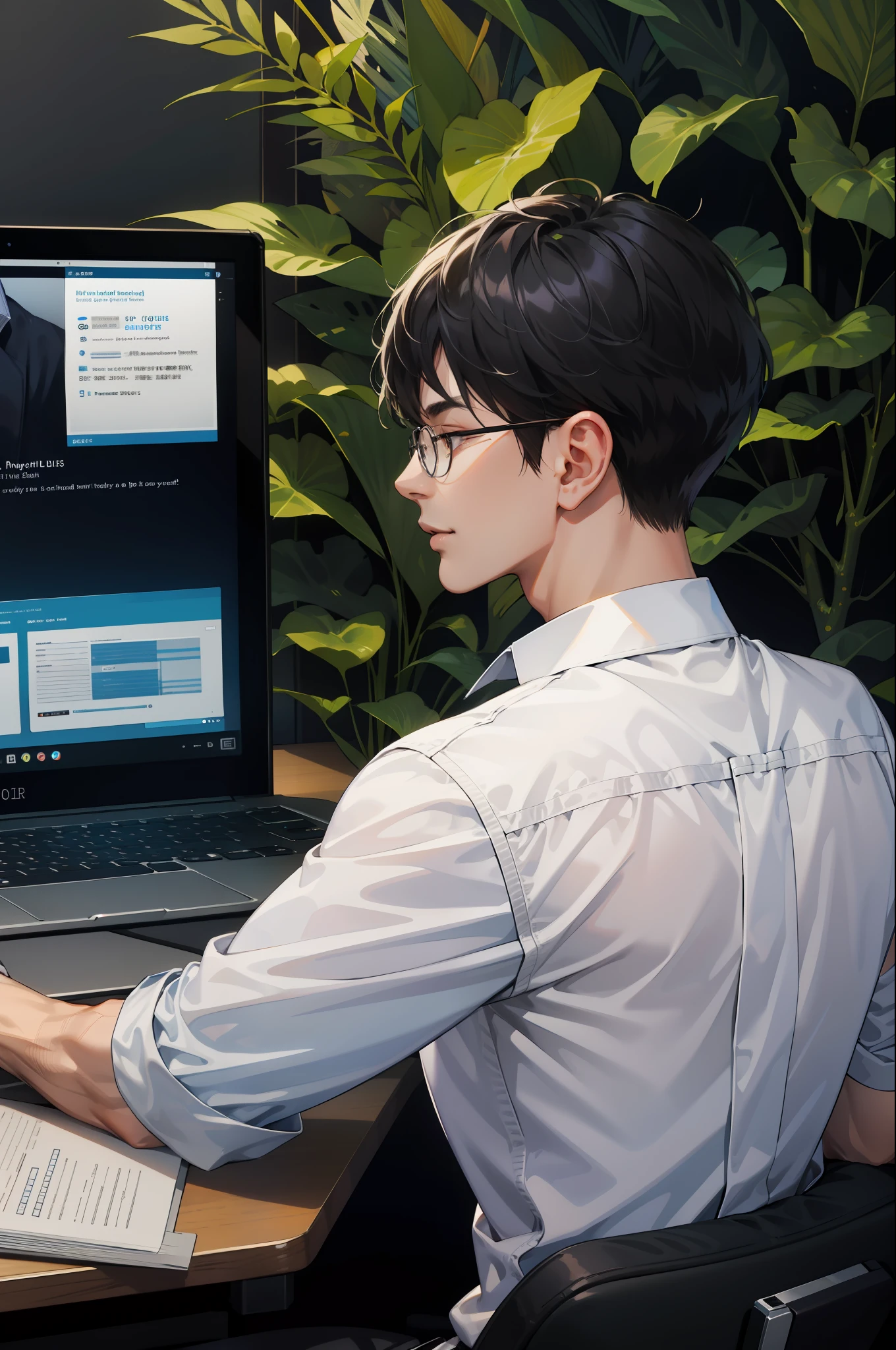 （absurderes，A high resolution，ultra - detailed），1 male，mature，There is a manhood，wears glasses，Black color hair，large tall，Handsome，Elaborate Eyes，Complicated details，sportrait，looking at viewert，独奏，Half shot，detailed back ground，详细的脸，（1980s synthetic wave theme： 1.1) Financial elite，ssmile，Wear only a white shirt on the upper body，Sleeves rolled up，Solid wood desk，laptop，monitors，Professional books，Place greenery