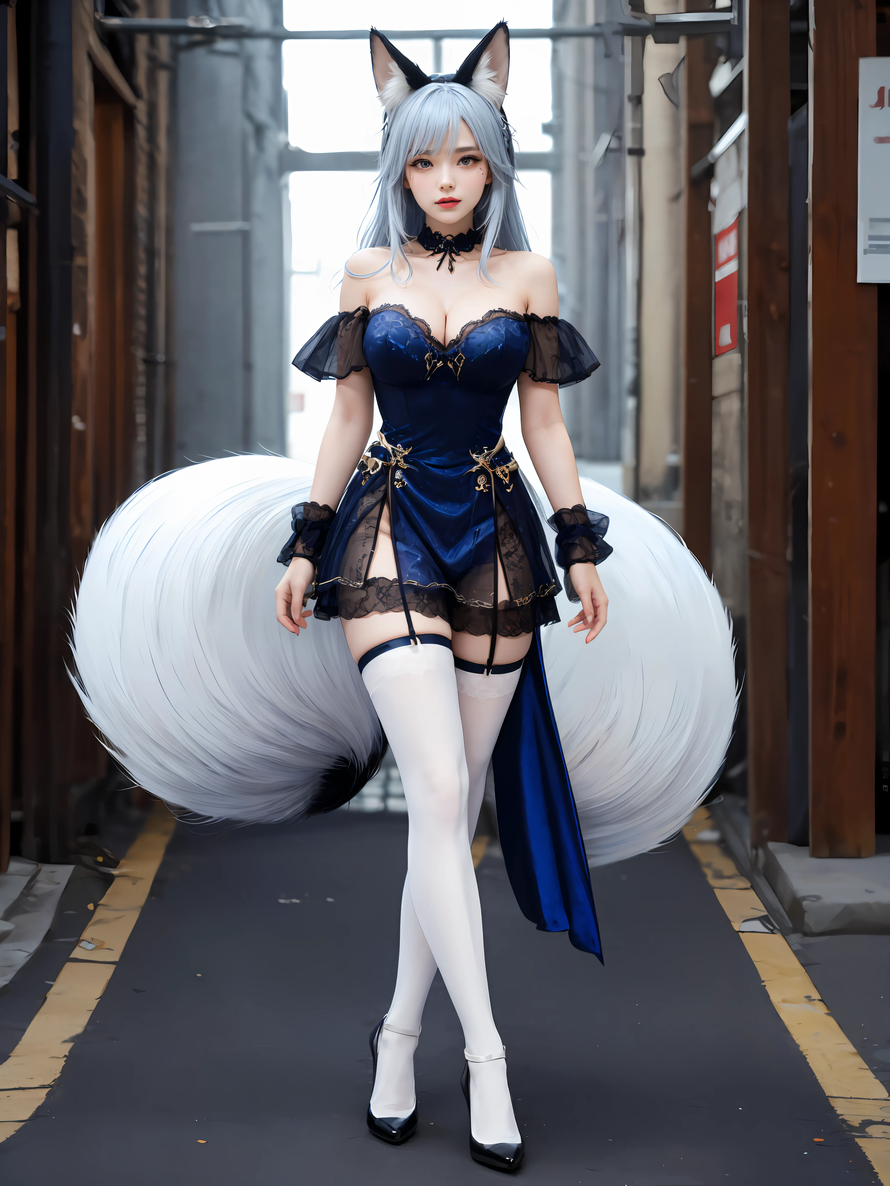 there is a woman in a corset and cat ears walking down a street, elegant glamourous cosplay, anime girl cosplay, full body xianxia, ornate cosplay, fantasy outfit, anime cosplay, costume with blue accents, cosplay, cosplay of a catboy! maid! dress, cosplay photo, glamourous cosplay, dark blue leotard costume, regal dark blue clothes
