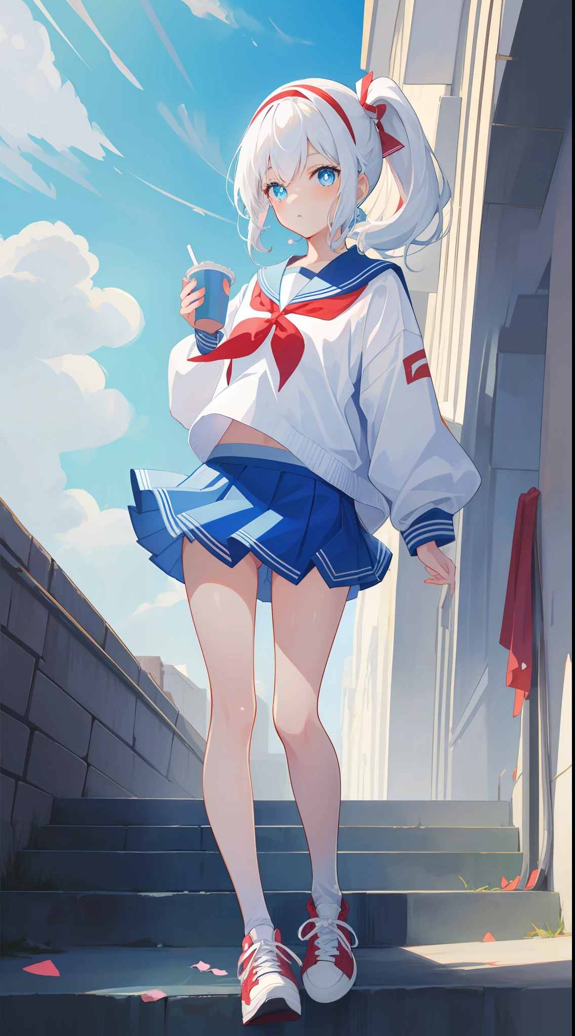 Anime characters with white hair and blue eyes, anime visual of a cute girl, Anime moe art style,Girl with short white hair, Shoujo white hair young anime girl, official character art,Heterochromic pupils，Wear high-top sneakers，White sailor suit，Short pleated skirt，blue accents，red hairband，your legs，flatchest，Short ponytail hair，White high-top flats in hand，chiquita，Full body photo