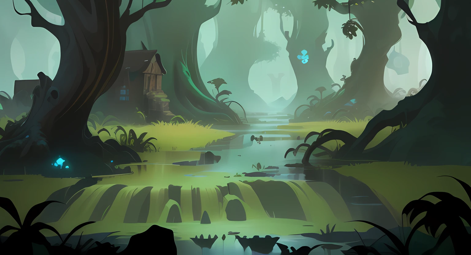 (2D cartoon scene:1.2)，swampy atmosphere，(Stylized concept art:1.2)，Draw into a game environment design，Create a game atmosphere，(2D concept art:1.2)，Jungle environment as the theme，Swamp details set off，(indie game concept art:1.2)，Create Art Nouveau in the background，Highlight background art，Deep enhancement，(game concept:0.8)，Adopt 2D background art，background artwork。