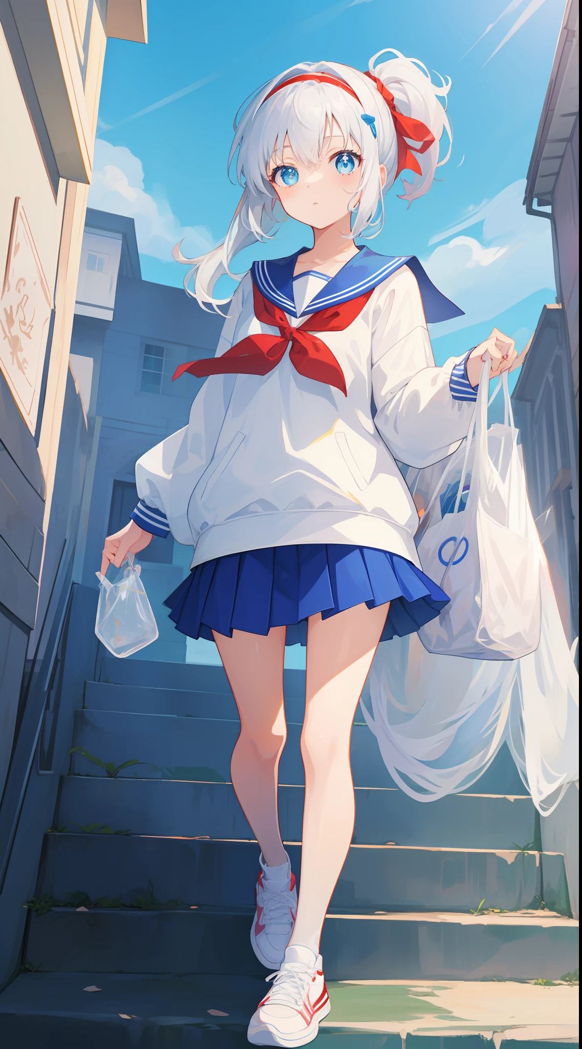 Anime characters with white hair and blue eyes, anime visual of a cute girl, Anime moe art style,Girl with short white hair, Shoujo white hair young anime girl, official character art,Heterochromic pupils,Wear high-top sneakers,White sailor suit,Short pleated skirt,blue accents,red hairband,your legs,flatchest,Short ponytail hair,White high-top flats in hand,chiquita,Full body photo