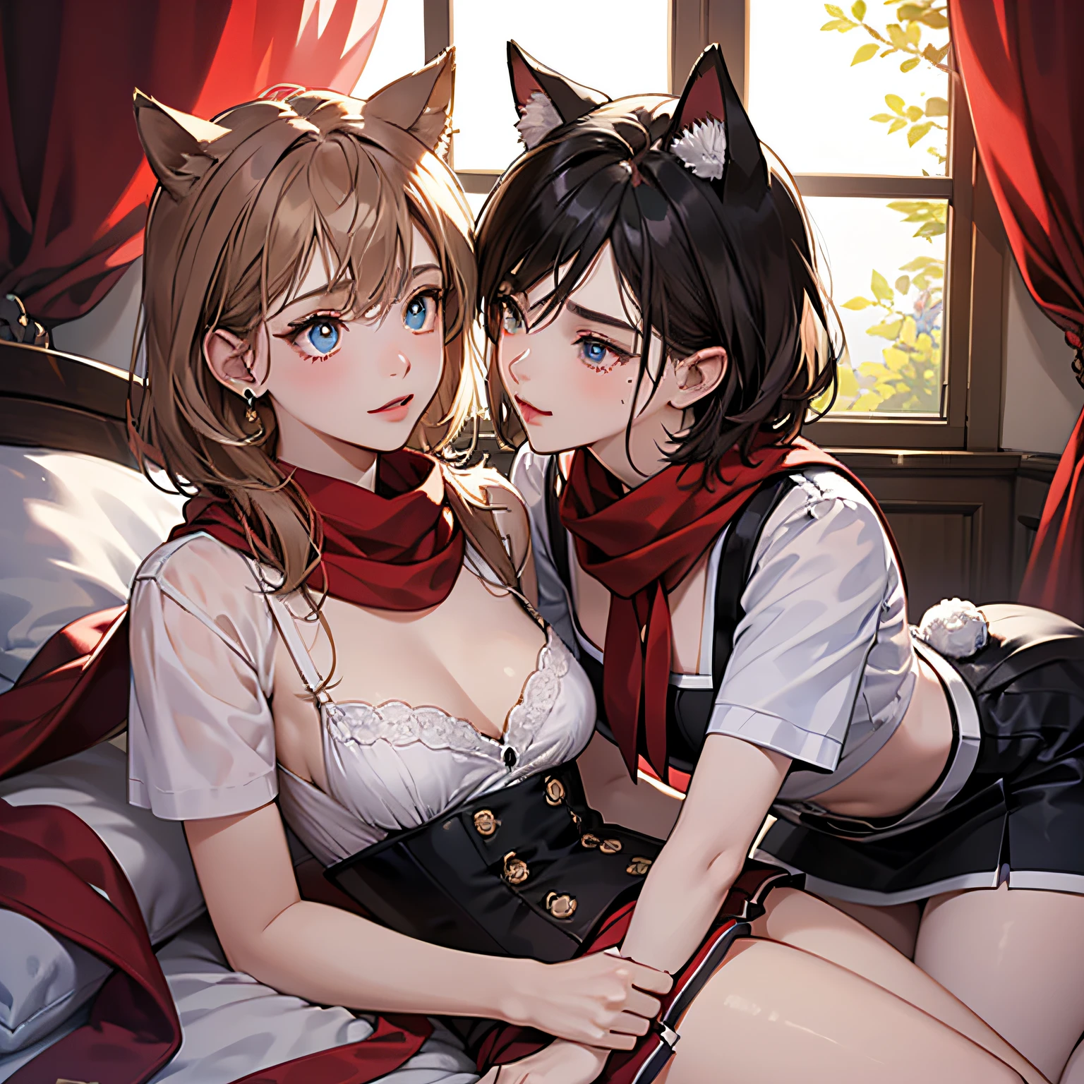 Two teenage girls，nedium breasts，Beds，the maid outfit，whaite hair，Short brown hair，cat ear，Lower left earlobe，Shy，Red scarf，On your stomach，Superskirt，seductiv，eBlue eyes ，balmy，upper legs（（tmasterpiece），best qualtiy，cinmatic lighting，ultra - detailed，Beautiful and detailed eye description，Bright pupils）Intimate contact，Teary eyes，If you want to refuse, you are welcome，Playing，counterpart，Nakedness，One up and one down，Kiss，lesbian，bunnygirl --auto