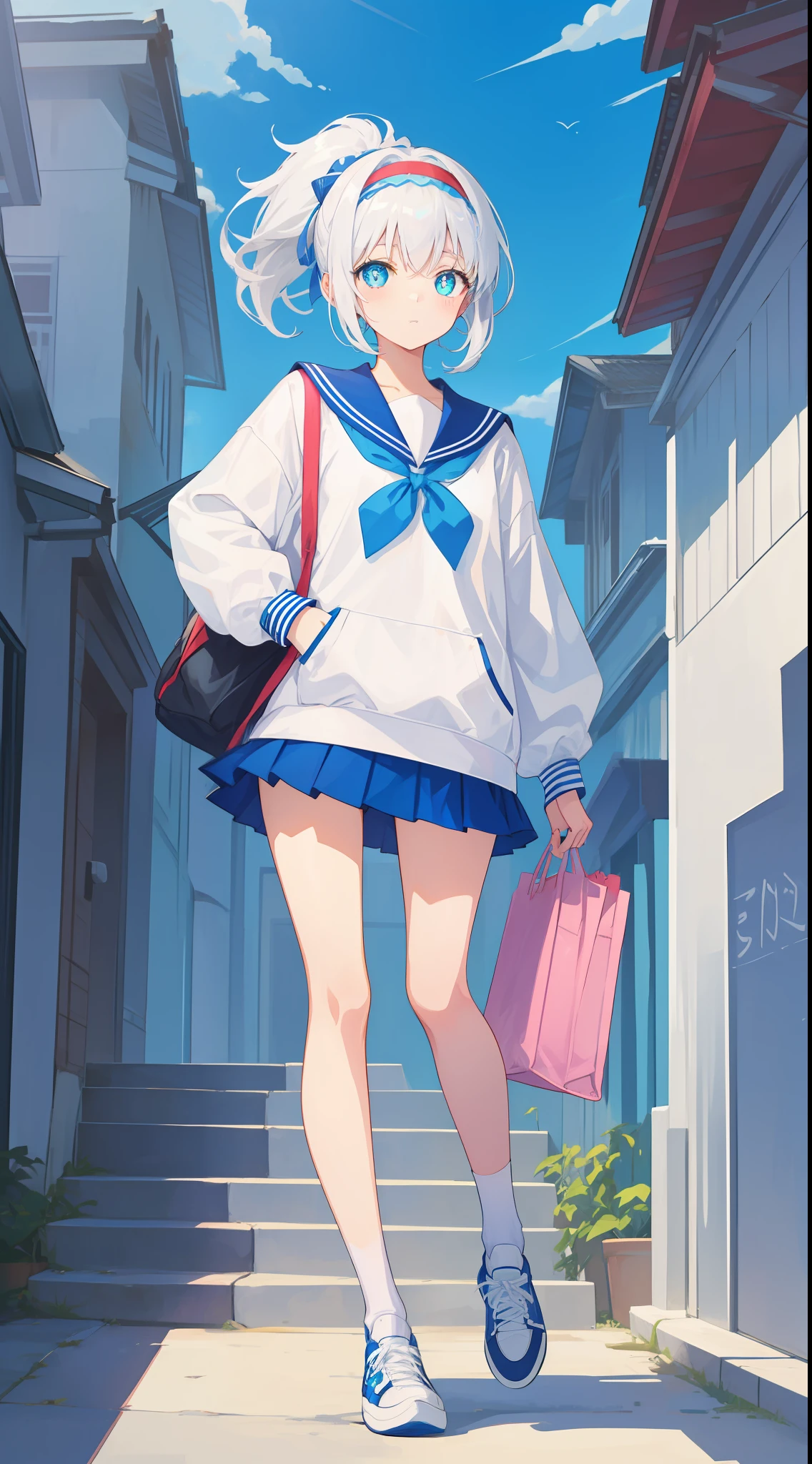 Anime characters with white hair and blue eyes, anime visual of a cute girl, Anime moe art style,Girl with short white hair, Shoujo white hair young anime girl, official character art,Heterochromic pupils，Wear high-top sneakers，White sailor suit，Short pleated skirt，blue accents，red hairband，your legs，flatchest，Short ponytail hair，White high-top flats in hand，chiquita，Full body photo