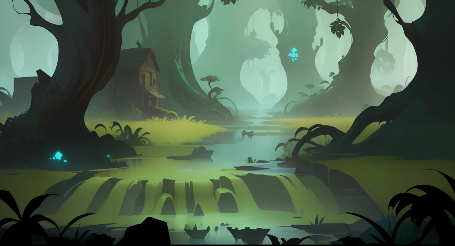 (2D cartoon scene:1.2)，swampy atmosphere，(Stylized concept art:1.2)，Draw into a game environment design，Create a game atmosphere，(2D concept art:1.2)，Jungle environment as the theme，Swamp details set off，(indie game concept art:1.2)，Create Art Nouveau in the background，Highlight background art，Deep enhancement，(game concept:0.8)，Adopt 2D background art，background artwork。