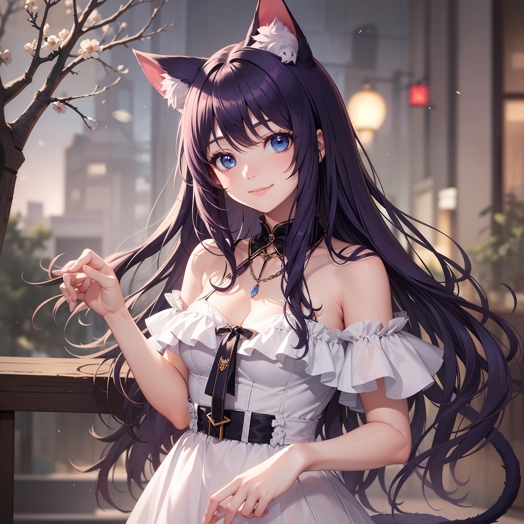 Girl, cute features, bright blue eyes, long dark purple hair, white light dress with cute decorations, calm smile, cat ears and tail