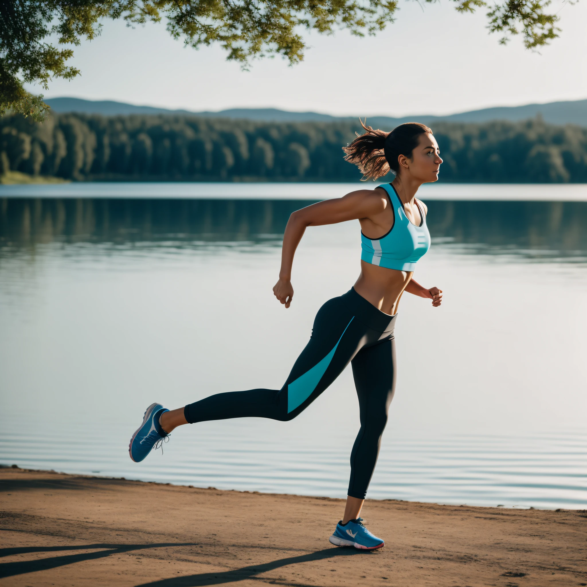 Capture the energy and movement of a woman in workout attire as she runs along a scenic street next to a lake. Use the Canon EOS 5D Mark IV with the Canon EF 24-70mm f/2.8L II USM lens to capture sharp and detailed images. Position yourself at a strategic point where you can capture both the runner and the lake in the background. Take advantage of natural light to enhance the beauty of the scenery and the woman's energy in motion. Experiment with different angles and perspectives to capture the sense of speed and freedom. Shoot in continuous mode to capture a sequence of photos and choose the perfect moment when the woman is in full motion. By doing so, you will create a dynamic image that conveys the feeling of physical activity and the serenity of the natural lake environment.