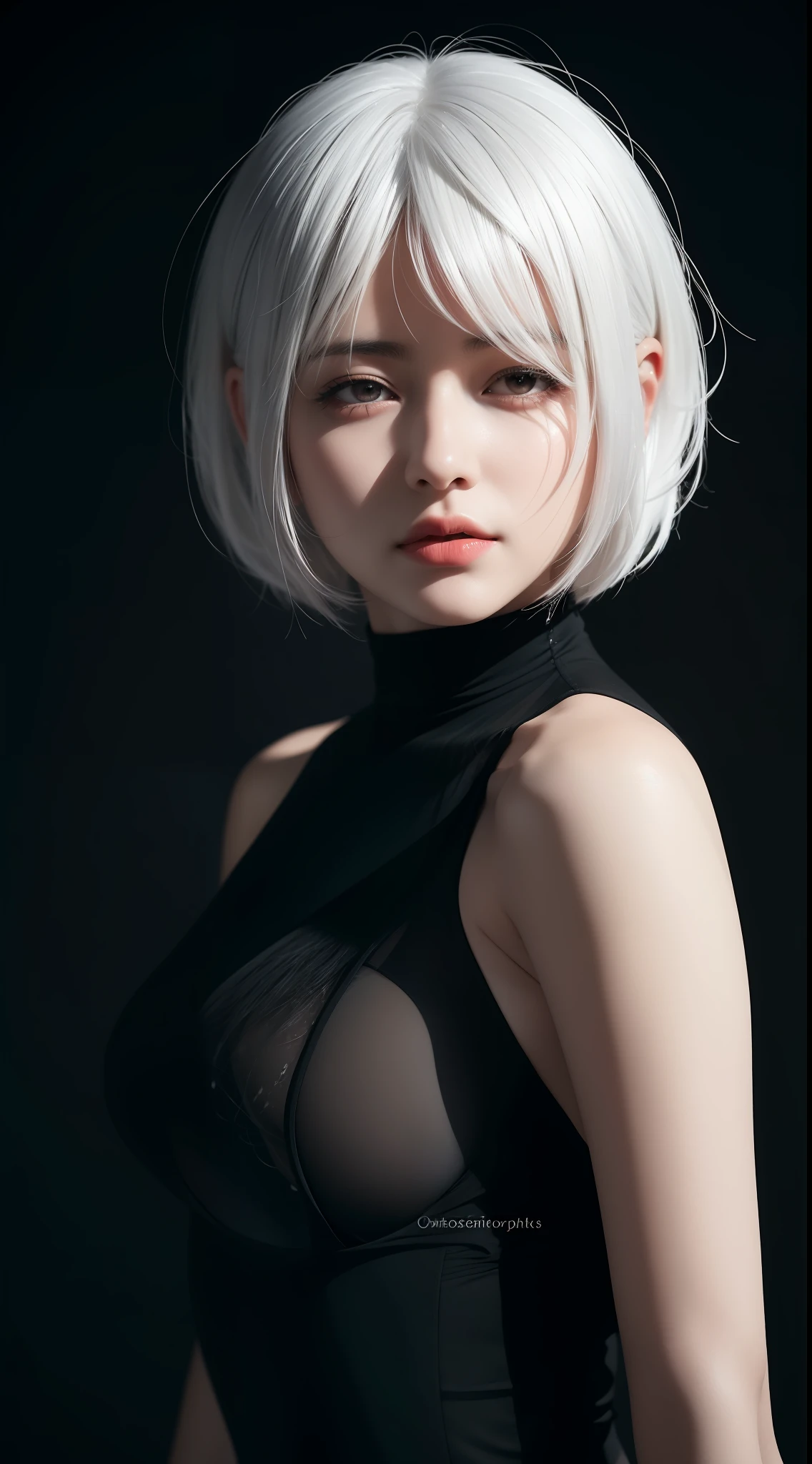 ultra high res, (photorealistic:1.4), raw photo,16K,1girl, solo, yorha no. 2 type b, blindfold, black dress, white hair, best quality,beautiful,4K,f/1.6,fractal art