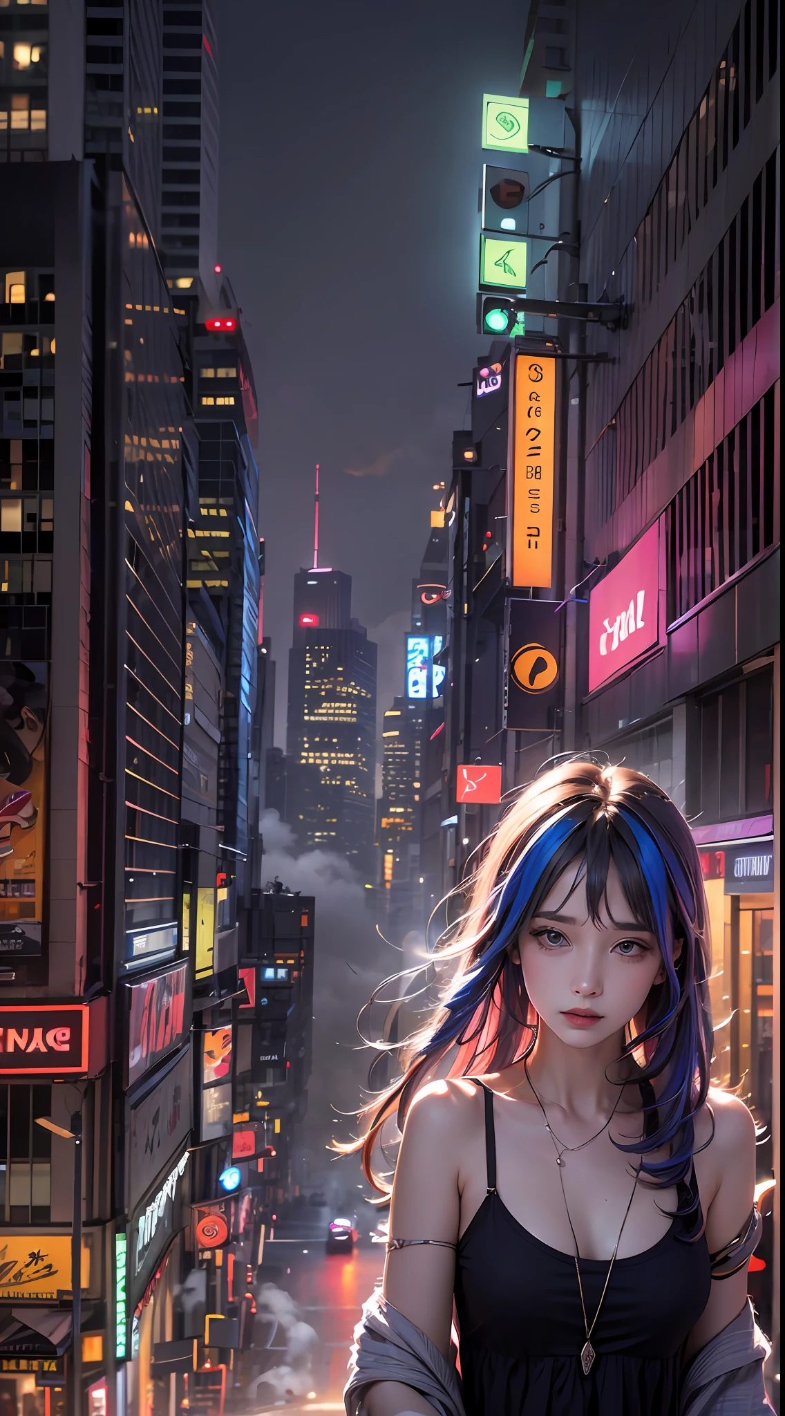 (masterpiece, high quality, highres,illustration), 1girl, galaxy multicolored hair in New york city at night with orange fog, cybercity,