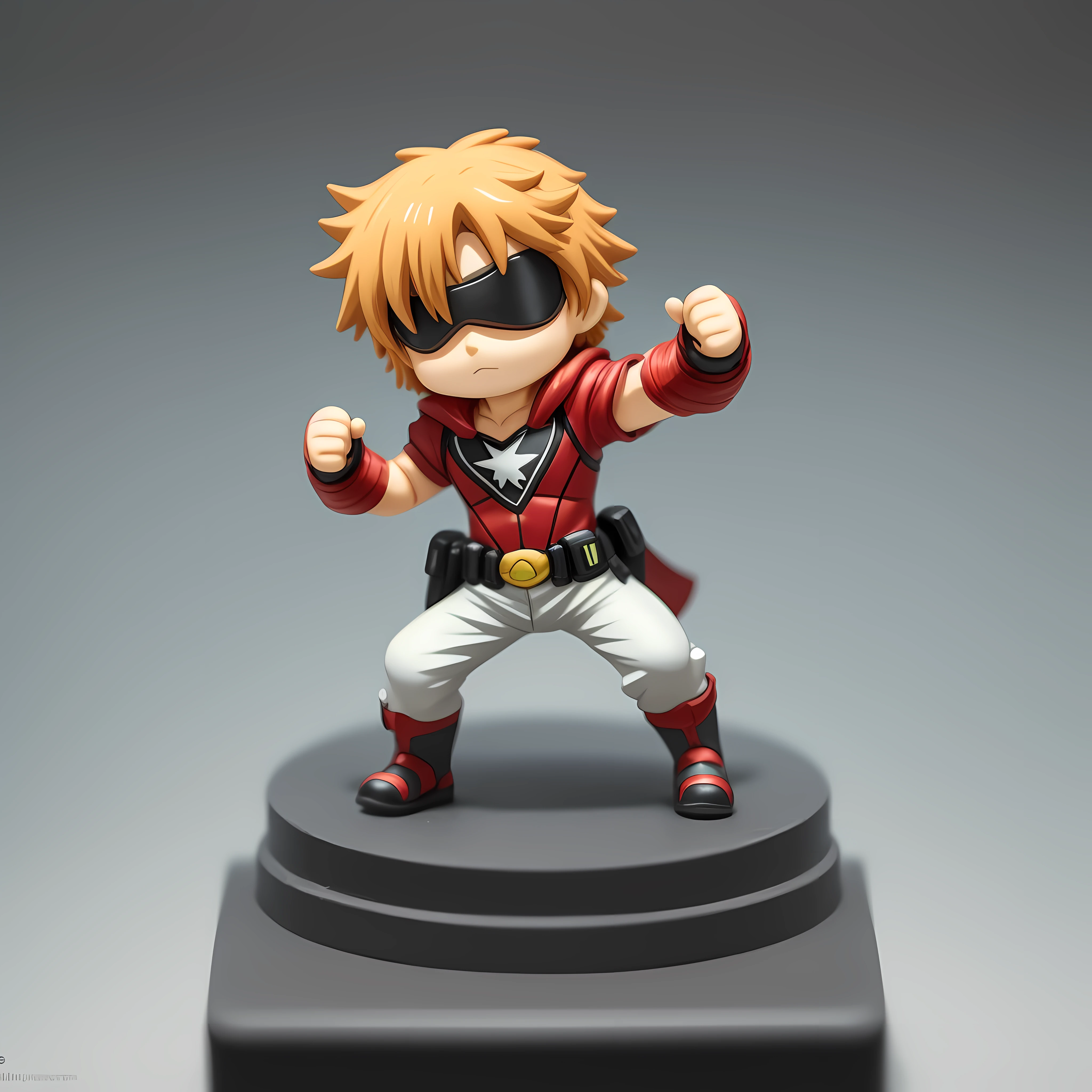 A small anime figurine, representing a superhero, inside a blind box, placed on a tiny pedestal, against a clean white background, illuminated by artificial light. The artwork is of top-notch photographic quality, capturing every intricate detail of the anime figurine.