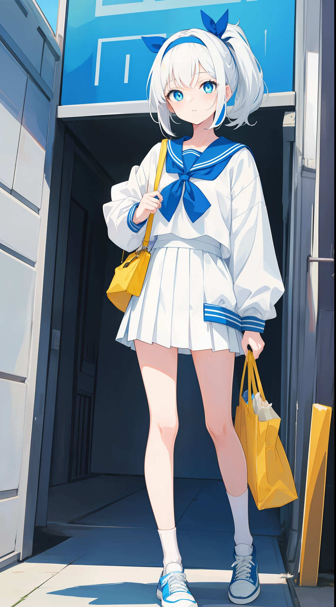 Anime characters with white hair and blue eyes, anime visual of a cute girl, Anime moe art style,Girl with short white hair, Shoujo white hair young anime girl, official character art,Heterochromic pupils,Wear high-top sneakers,White sailor suit,Short pleated skirt,No socks,blue accents,red hairband,your legs,flatchest,Short ponytail hair,White high-top flats in hand,chiquita,Full body photo