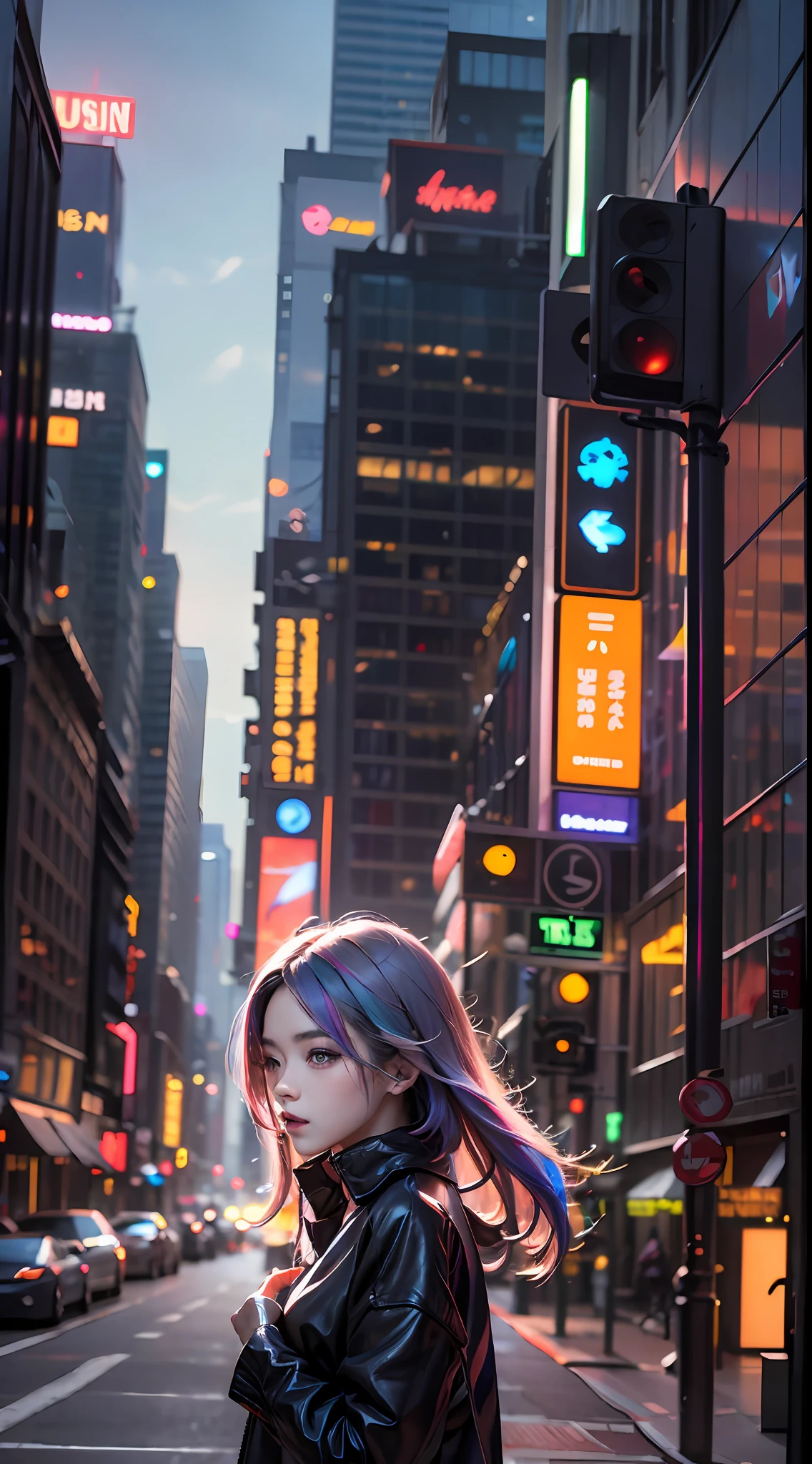 (masterpiece, high quality, highres,illustration), 1girl, galaxy multicolored hair in New york city at night with orange fog, cybercity,