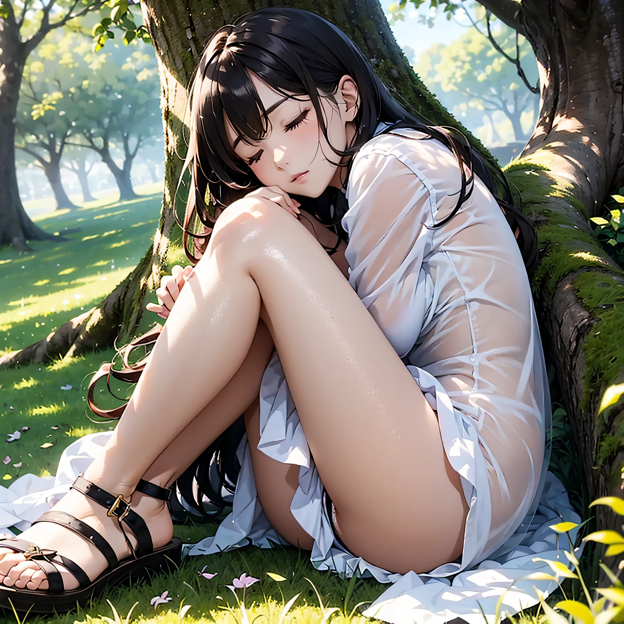 ​masterpiece、realisitic、Beautiful girl in light clothes taking a nap facing up on grass in the shade of a tree、full bodyesbian、Lie down as if throwing out both legs、bare-legged、Bare legged、White sandals are about to be taken off