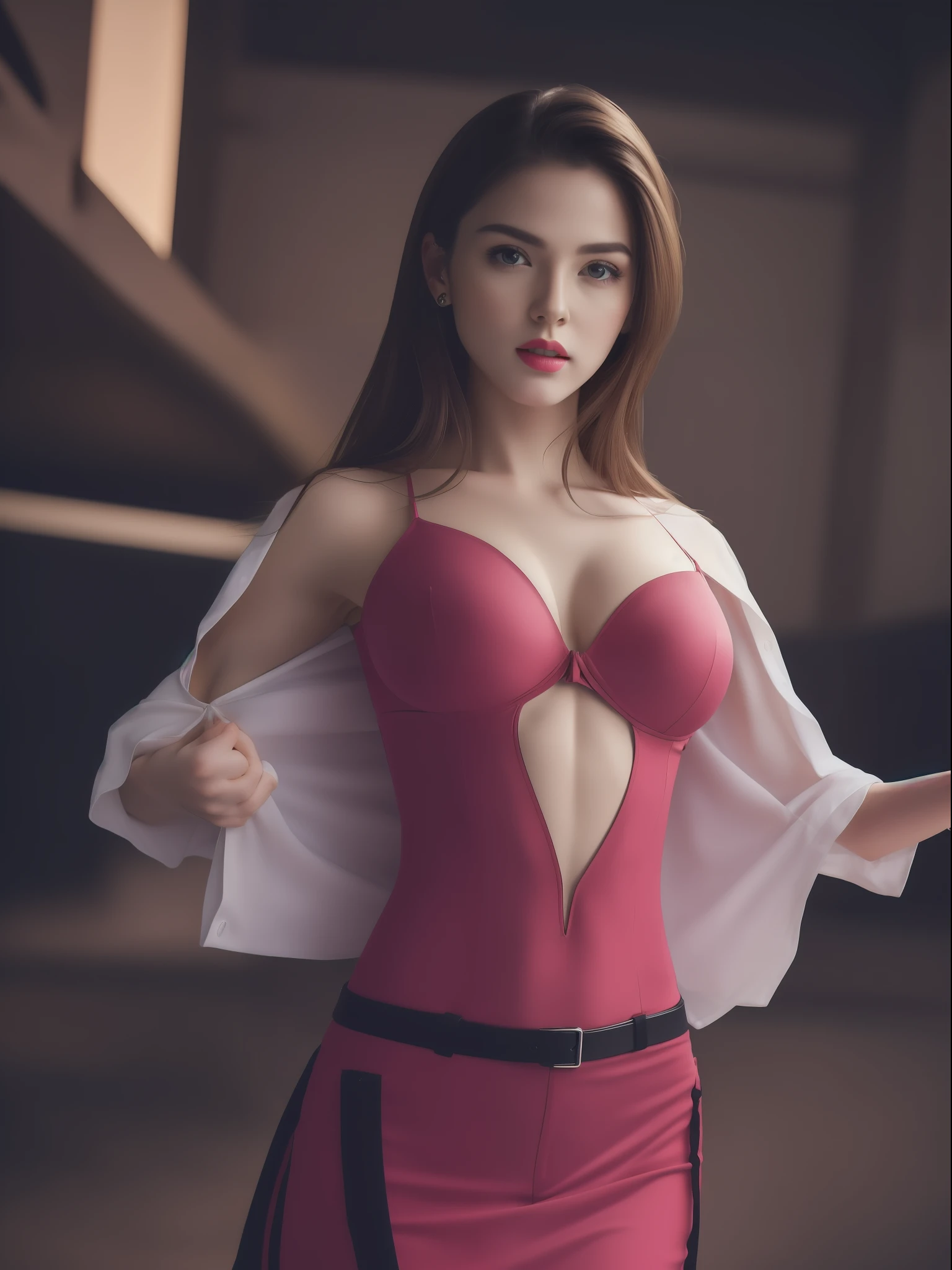 (masterpiece, best quality, extremely detailed 8k, ultra hd, ultra-detailed, highly detailed, highly realistic, ultra-realistic, photo realistic), (1girl:1.5), (detailed realistic skin), (realistic big breasts), (natural pink lipstick), slender abs,