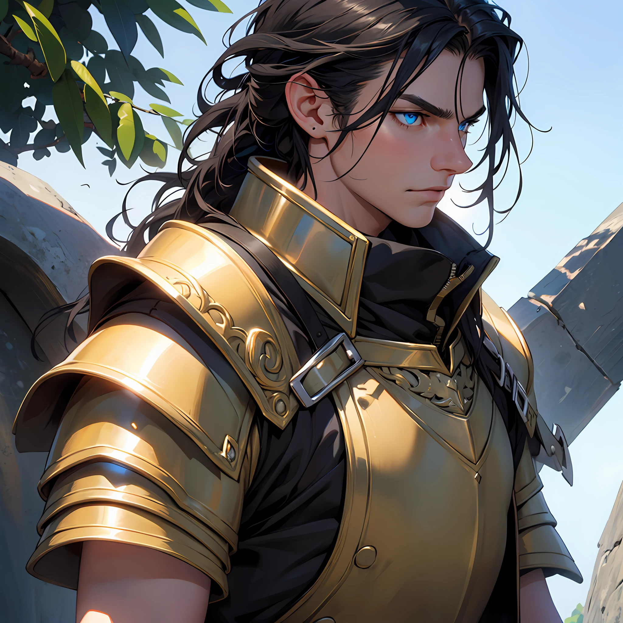black hair, masculine man, long hair, straight hair, blue eyes, eye reflection, armor medieval, adolescente , oito anos, Pálacio Ambience, aparencia bela, anatomically correct, masterpiece, super detail, high quality, best quality