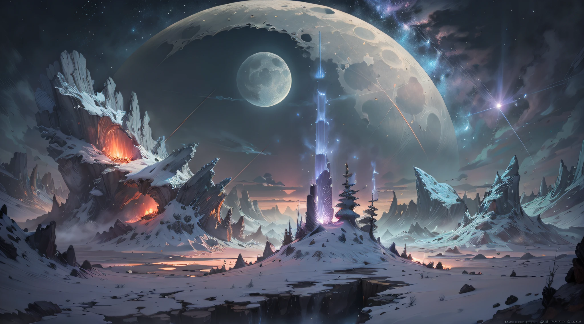Expansive landscape photography, (See below.), Above is the sky, Below is an open field), (Full Moon: 1.2), (Meteor: 0.9), (Nebula: 1.3), distant mountain, BREAK tree making art, (Warm light source: 1.2), (Firefly: 1.2), lights, Very purple and orange, complicated detail, volume lighting, BREAK realism (Masterpiece: 1.2), (best quality), Ultra-detailed, RAWExtremely detailed, Colorful details,  (Rainbow colors: 1.2), (bright lighting, atmospheric lighting), Dreamlike, Magical, 4k