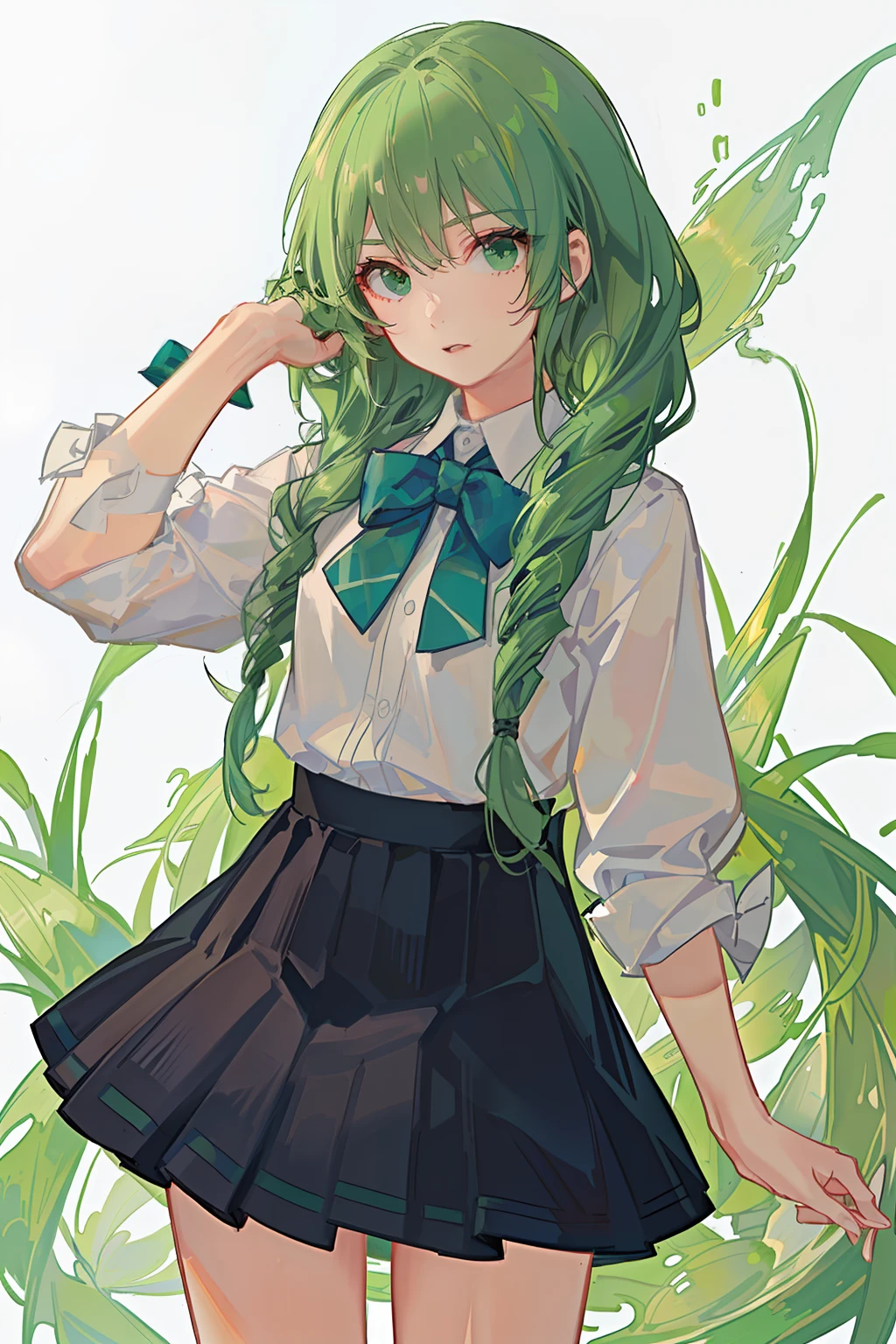 younge boy，Shota，Green hair，The anime has two pigtails，Wear white silk