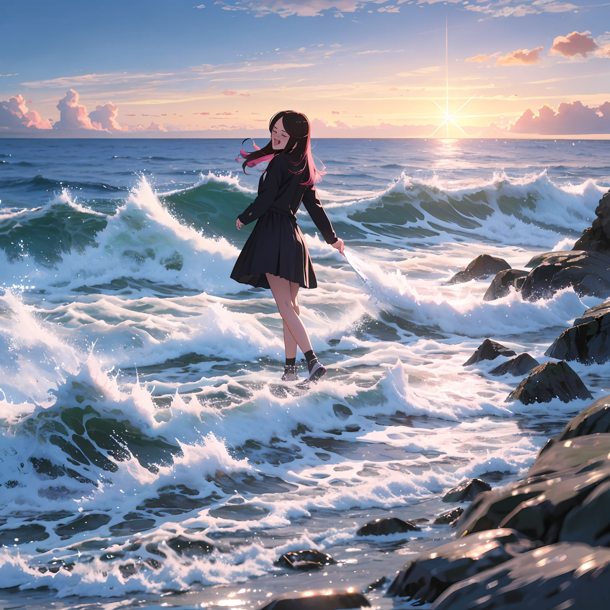 quadratic element,Pink Long Hair,teens girl,Blue sky and sea,The sun on the beach,Color gas,比基尼,Bad laughs --auto