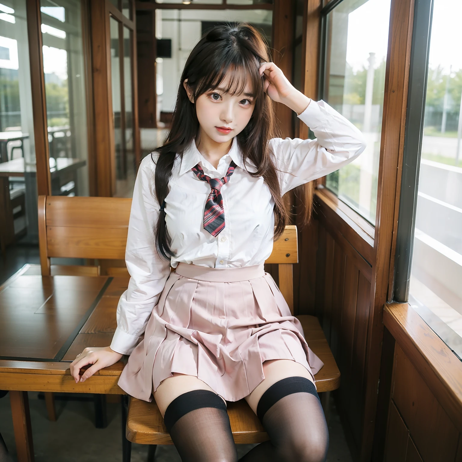 girls，Short pink skirt，Stockings，showing whole body