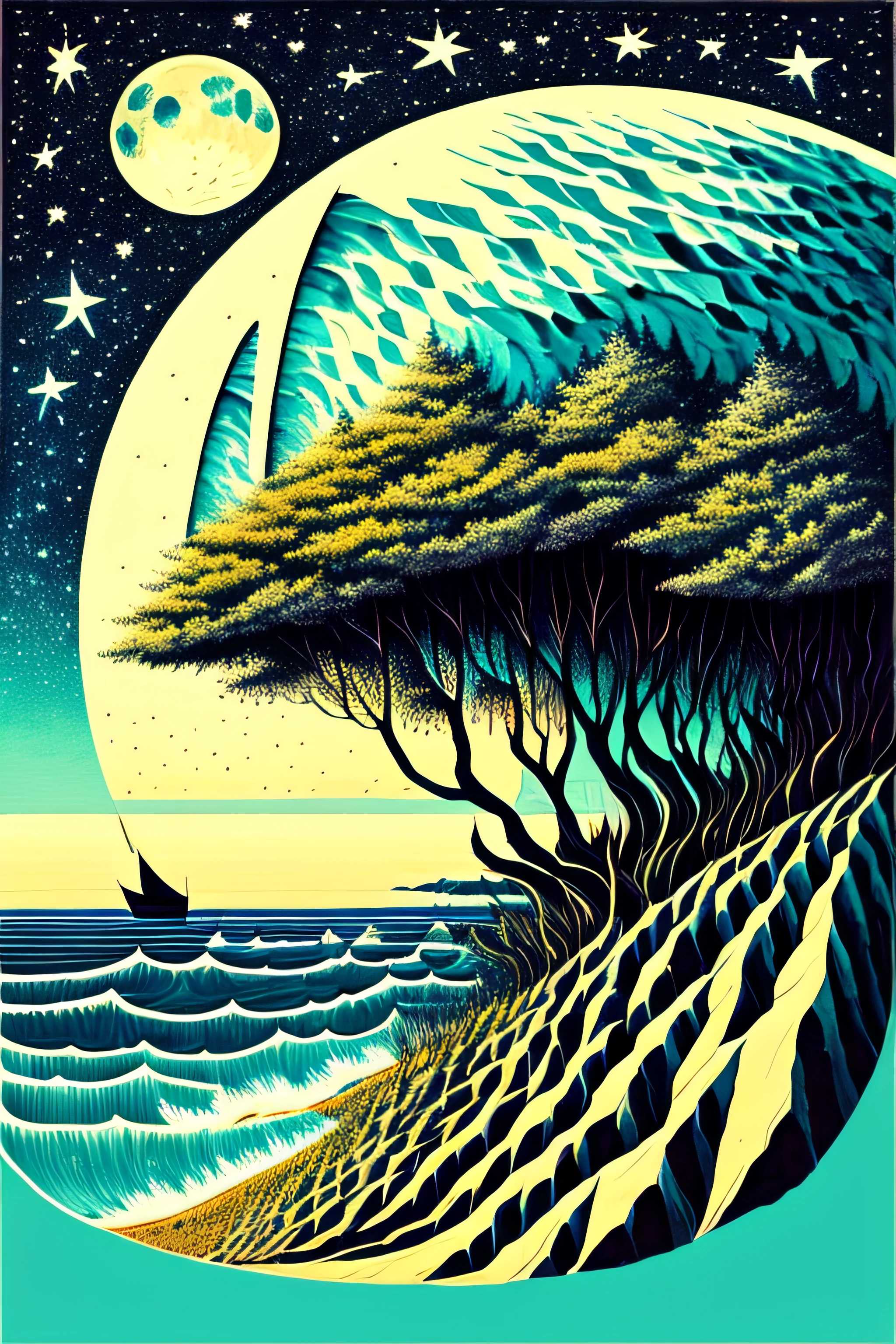 Intricate painting of a detailed ocean, japanese, distant ships on the horizon, tree in the foreground, by range murata, a big dark salmon moon in the background, night, sparse clouds, vivid colors, high contrast, mountain scape, vector line art, trending in pixiv, anime concept art, awesome, matte, high quality, edge-to-edge, NO borders, van gogh