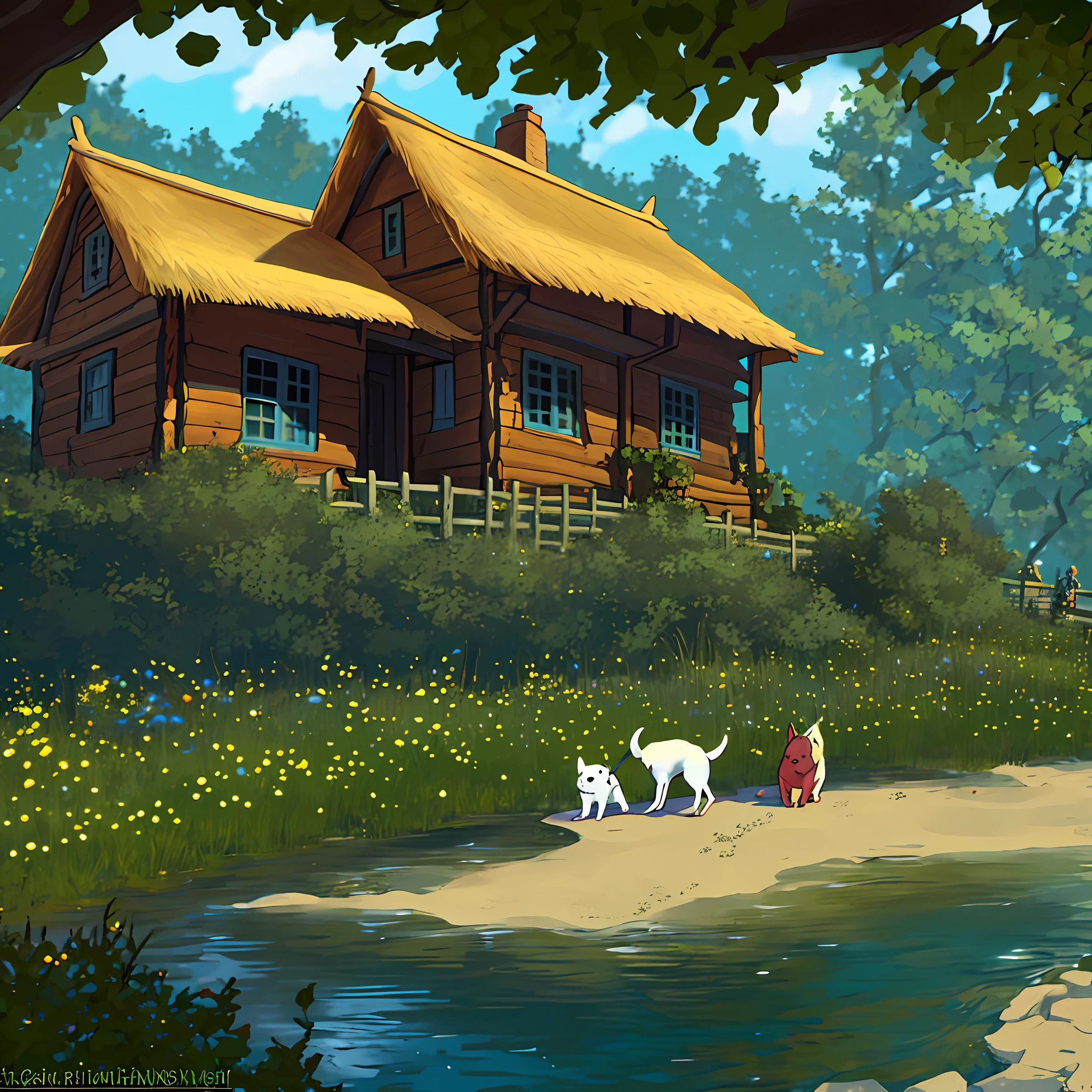 There is a creek,There is a thatched house,There is a big tree,There is a fence,And another puppy