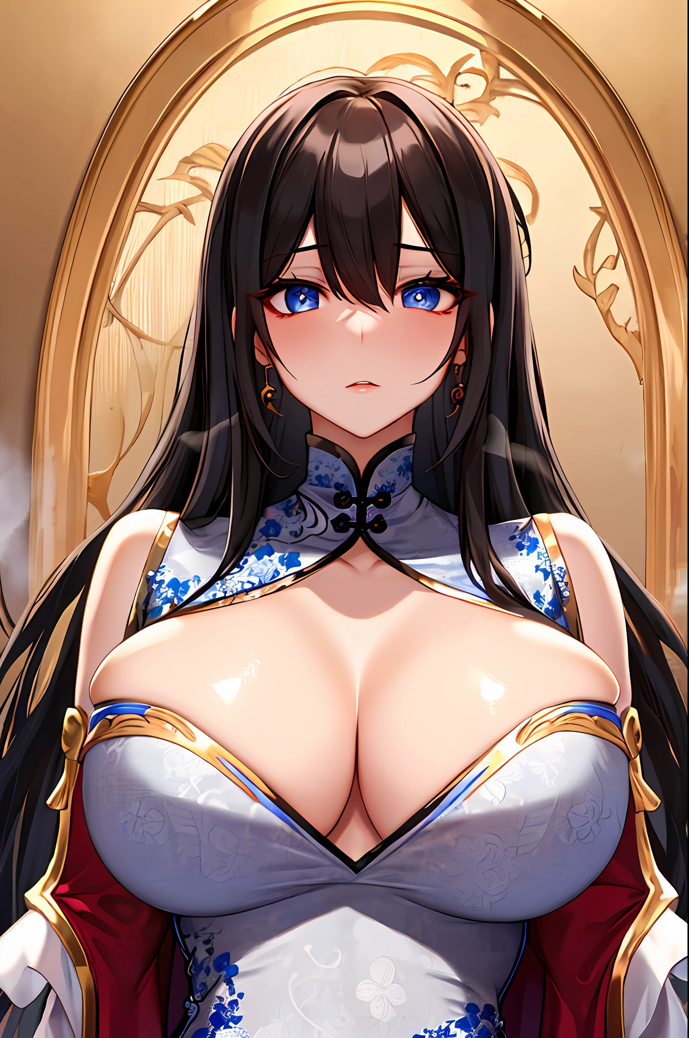 breast curtains, china dress, areola slip,(best quality:1.0), (8k wallpaper:1.0), extremely delicate and beautiful, (beautiful detailed face:1.0), (detailed deep eyes), symmetrical breasts, deep eyes, steam, shiny skin,