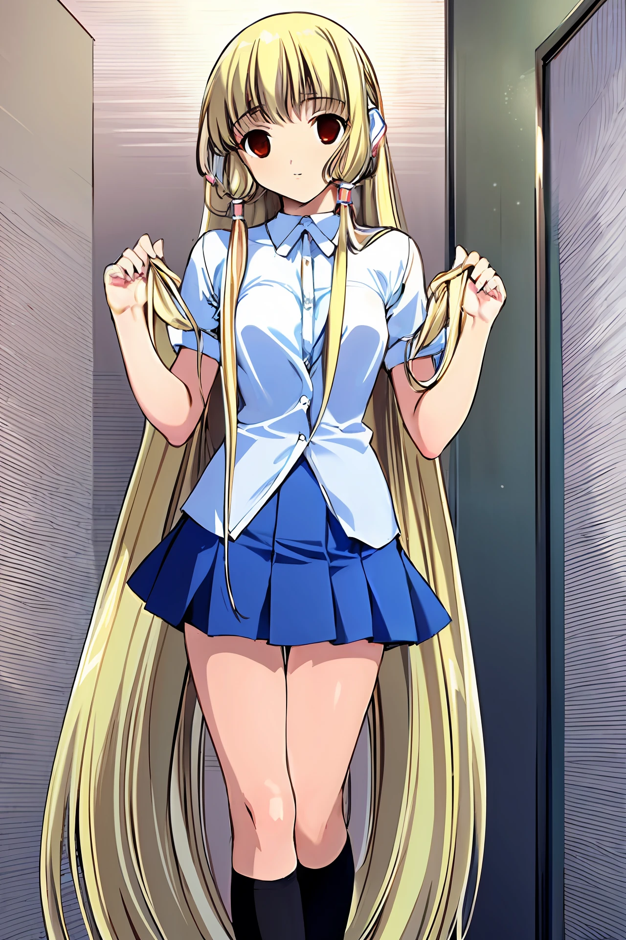 schoolgirls，The upper body is naked，The lower half of the body wears a miniskirt，Squat position，The short skirt is gone