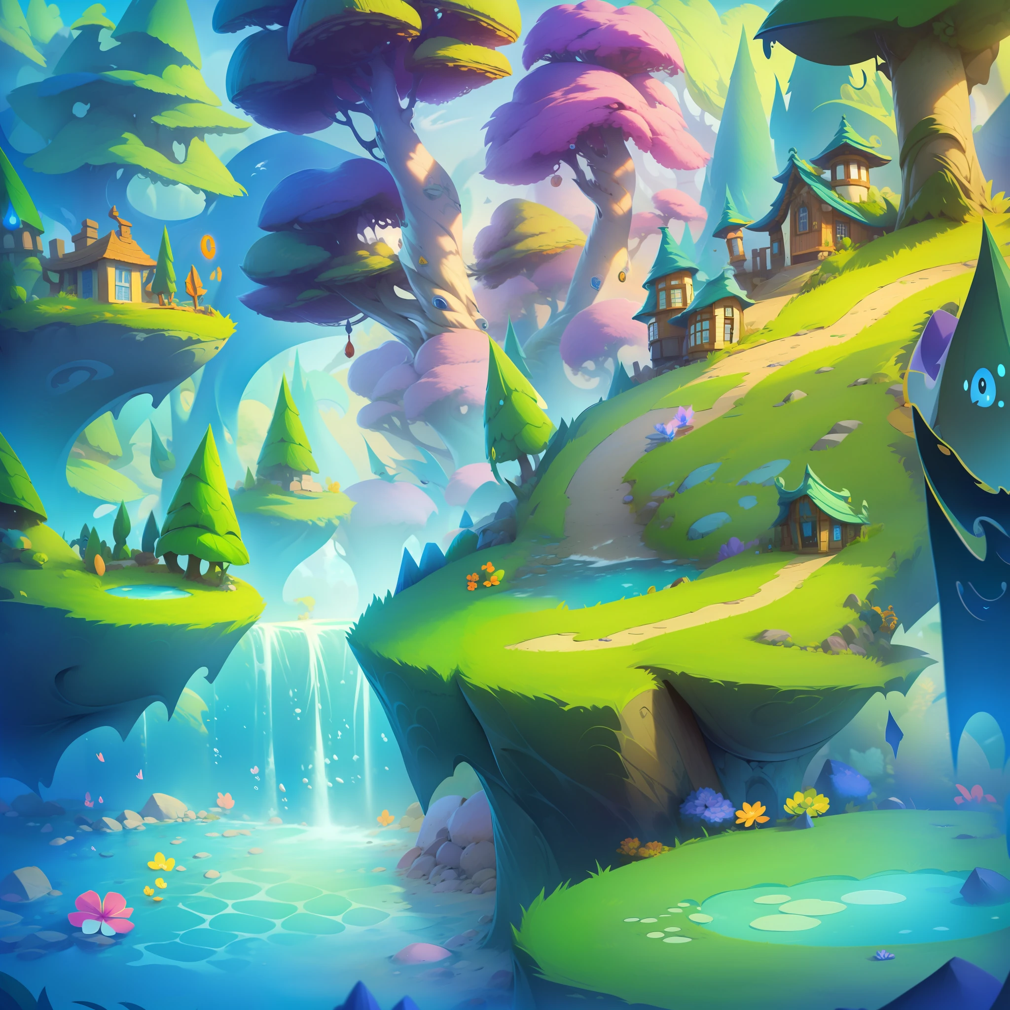 Mini World，Cartoon game scenes，fantasy，Small，The theme of the forest、buliding，In the middle is a flat ground path，angle of depression，gameicon，tmasterpiece，Epic composition，Incredible design，best qualtiy，超高分辨率，3Drenderingof，8K