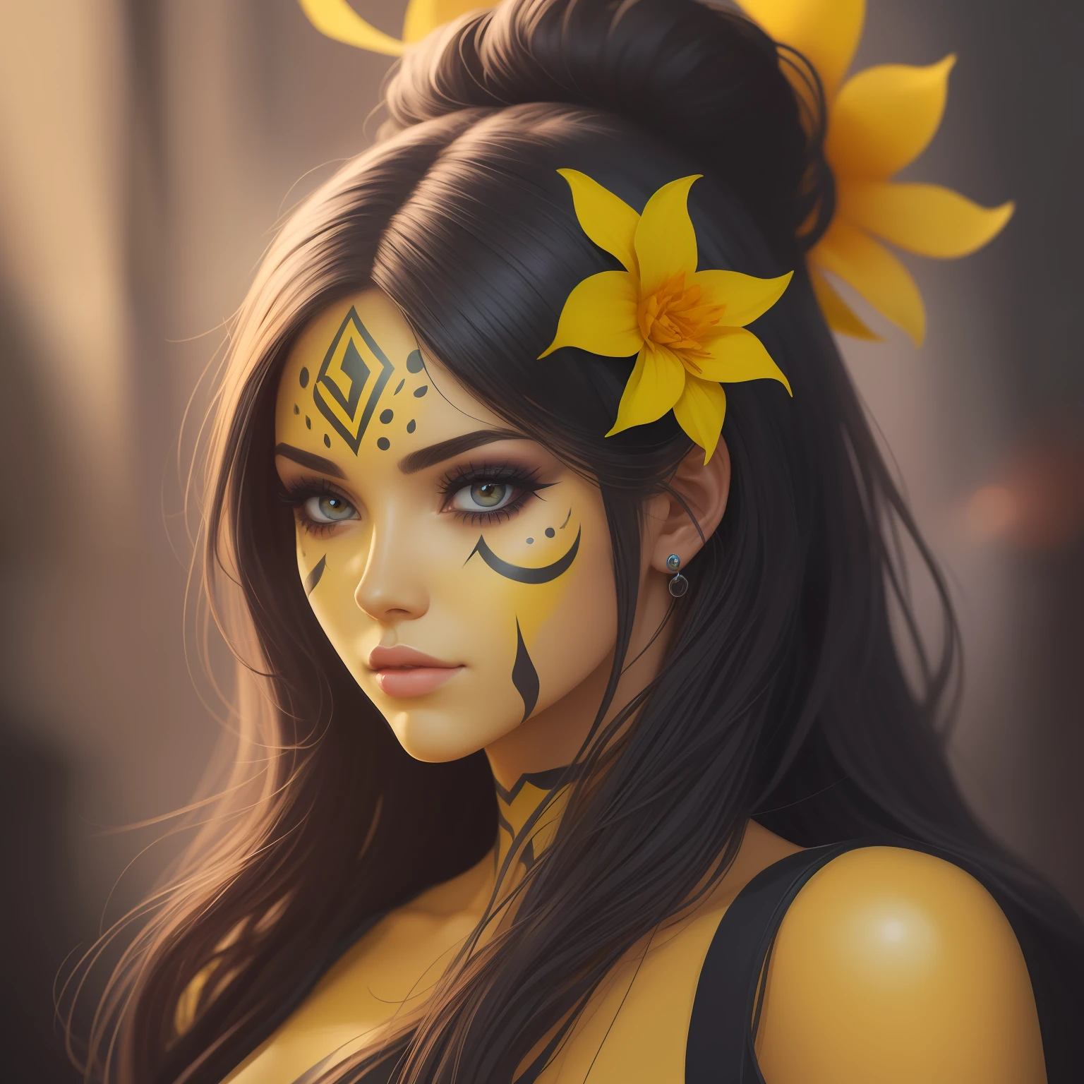 a close up of a woman with a yellow and black face paint, beautiful gorgeous digital art, gorgeous digital art, stunning digital art, airbrush digital art, style of charlie bowater, beautiful digital artwork, madison beer girl portrait, beautiful digital art, gorgeous digital painting, a beautiful artwork illustration, stunning digital painting, beautiful yellow woman, beautiful comic art