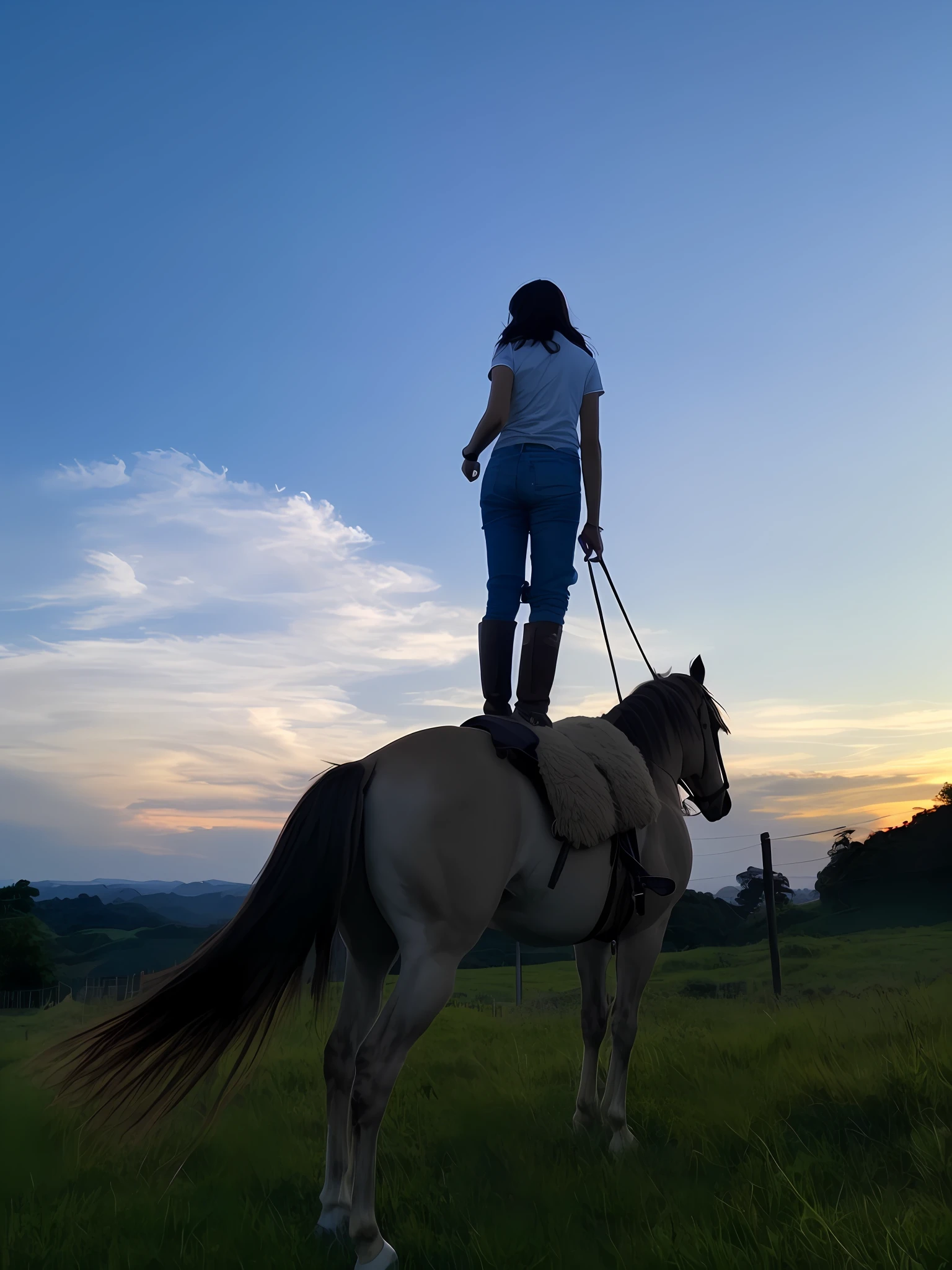 There is a woman riding a horse in a field at sunset, cavalo no topo, andar a cavalo, em um cavalo, no topo de uma colina, no topo de uma colina, riding in the sky, horseback riding, in the sunset, Standing on a hill, in the sunset, andar a cavalo, looking at sunset, elevando-se sobre a sua vista, vaqueira --auto