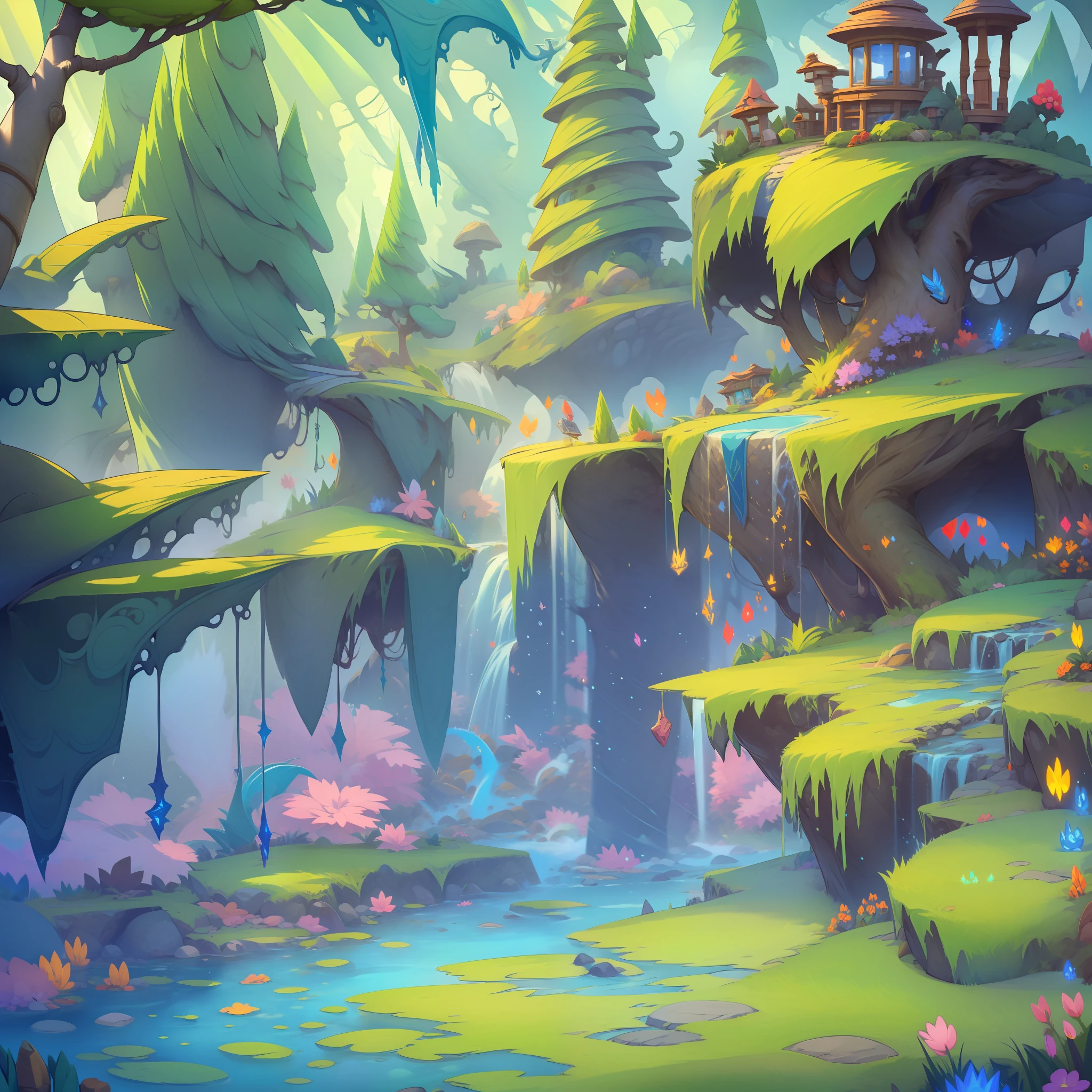 Mini World，Cartoon game scenes，fantasy，Small，The theme of the forest、buliding，In the middle is a flat ground path，angle of depression，gameicon，tmasterpiece，Epic composition，Incredible design，best qualtiy，超高分辨率，3Drenderingof，8K