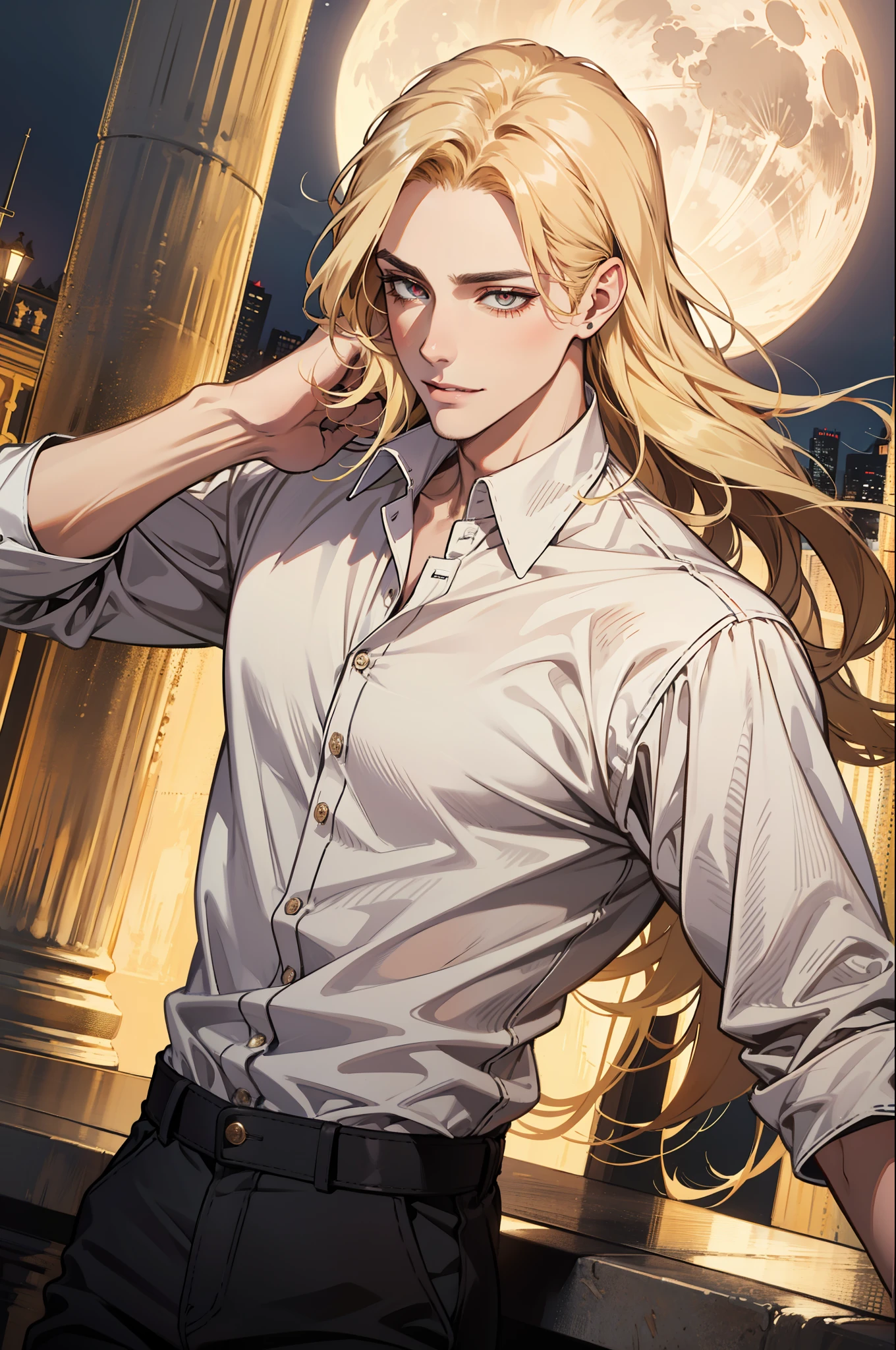 (absurdres, highres, ultra detailed), 1man, 30 years old man, adult man, handsome, tall,, finely detailed eyes and detailed face, leather pants, (((white shirt))), night, smile, dutch angle, ((long hair, blonde hair)), moon, gold details, gothic, vampire, vampire prince, dark, simple clothes, looking at the view, pale skin, red detailed eyes, (masculine), sexy, elegant, long bangs, detailed hands