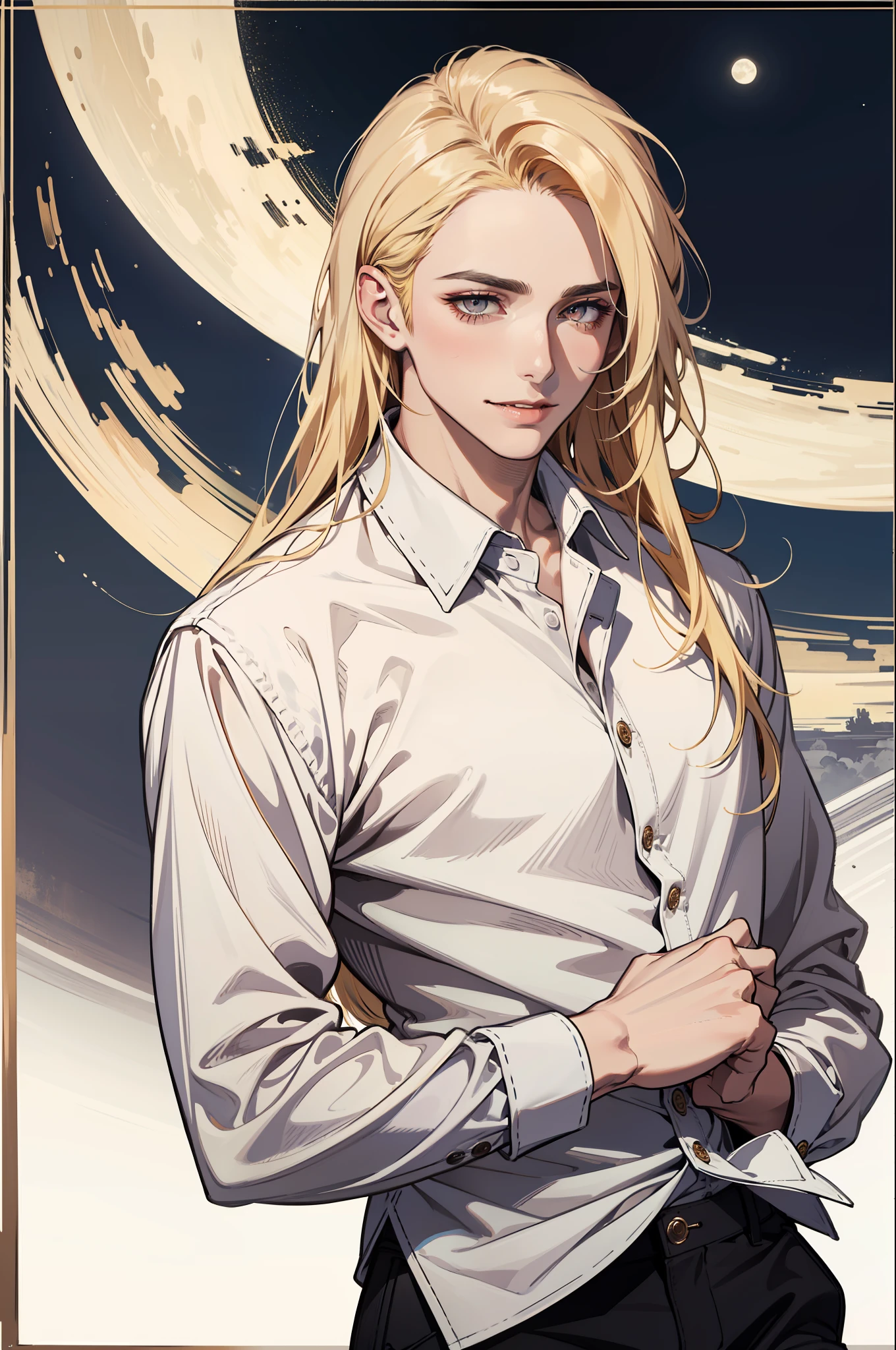 (absurdres, highres, ultra detailed), 1man, 30 years old man, adult man, handsome, tall,, finely detailed eyes and detailed face, leather pants, (((white shirt))), night, smile, dutch angle, ((long hair, blonde hair)), moon, gold details, gothic, vampire, vampire prince, dark, simple clothes, looking at the view, pale skin, red detailed eyes, (masculine), sexy, elegant, long bangs, detailed hands