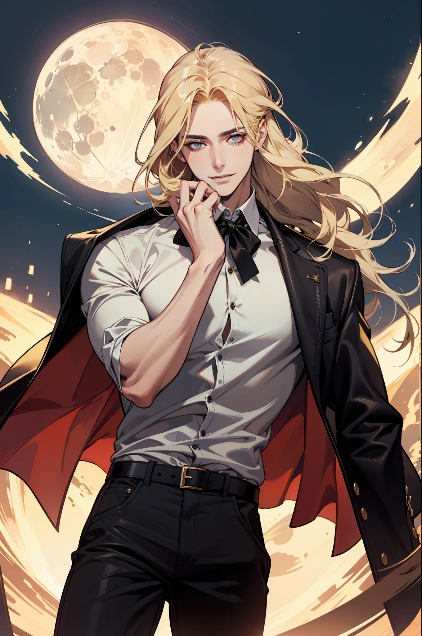 (absurdres, highres, ultra detailed), 1man, 30 years old man, adult man, handsome, tall,, finely detailed eyes and detailed face, leather pants, (((white shirt))), night, smile, dutch angle, ((long hair, blonde hair)), moon, gold details, gothic, vampire, vampire prince, dark, simple clothes, looking at the view, pale skin, red detailed eyes, (masculine), sexy, elegant, long bangs, detailed hands