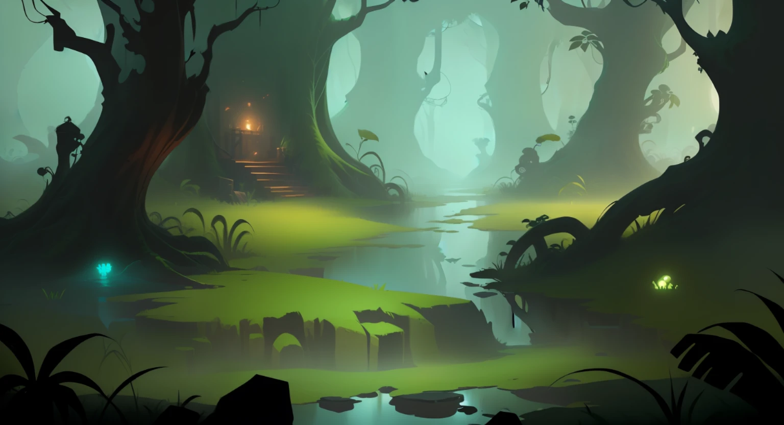 (2D cartoon scene:1.2),swampy atmosphere,(Stylized concept art:1.2),Authoring in the game environment,(2D concept art:1.2),Jungle environment theme,Swamp details,(indie game concept art:1.2),Create new artistic styles,Enhanced depth,(game concept:0.8),2D background art,background artwork。