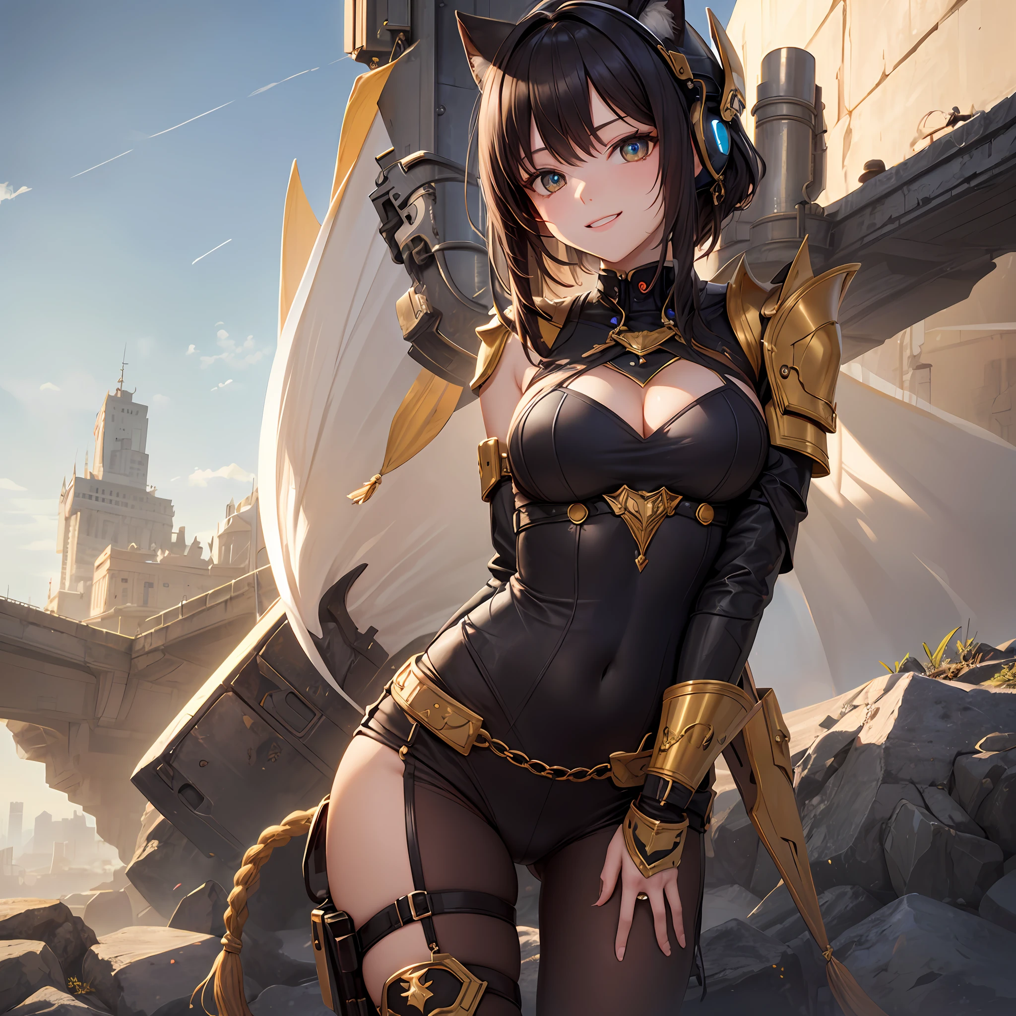 tmasterpiece, (best qualtiy), highly detailed, ultra - detailed, 1girll, (Machinary: golden colored, eyes with brightness: blue colors, Golden armor: 1.2, Elongated ears: 0.8), (cyber punk city: 1.5, arma: Blade of Energy), (Fantasy landscape: 1.2, natural soft light: 1.5, A confident expression), (in a panoramic view: 1.2), nipple tassels, ssmile, --auto