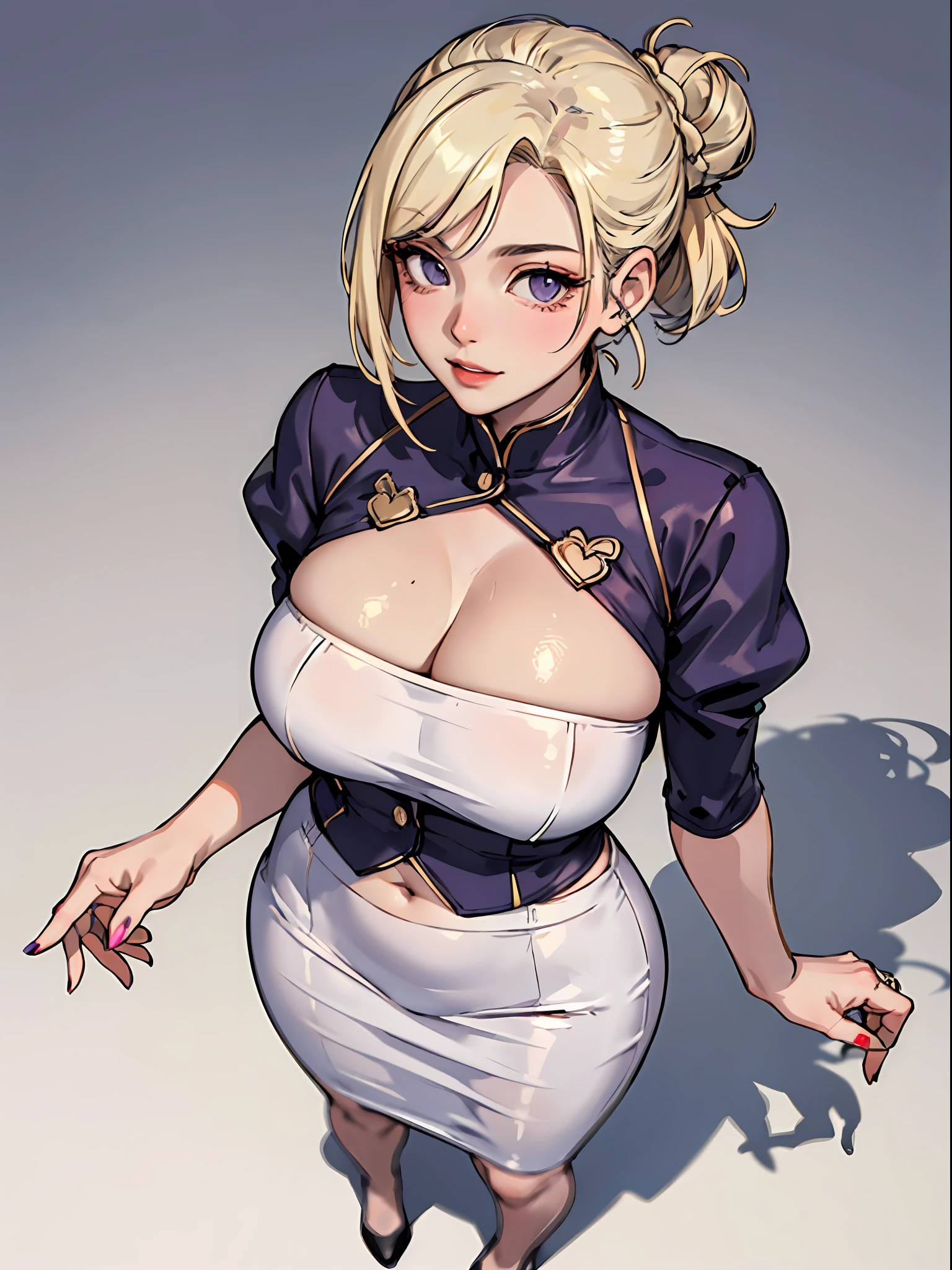 (upper body:1.2 1girl, masterpiece, best quality, ultra-detailed, illustration, finely detailed eyes and detailed face) Clothes: white pencil skirt , tube top white, wedding ring, Appearance: short blonde hair in a neat low bun, natural makeup, (purple eyes:1.05), wide hips, massive breasts, alluring, motherly, at_the_CEO_office, looking at viewer, curvy, voluptuous, full body, CEO lady, (mature female, milf:1.1), solo, (curvy:1.1), big ass, thick thighs, milf, shot from above, very detail