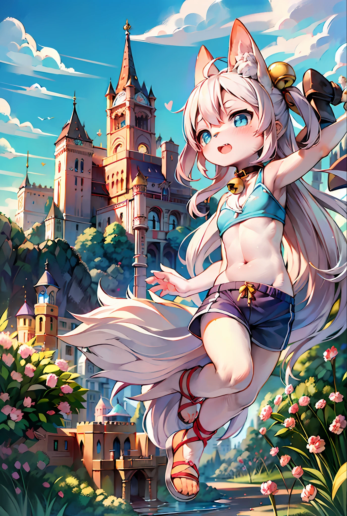 Masterpiece, high quality, absurd resolution, digital painting \ (artwork \), by dagasi, Yupa, Kiyosan, (fluffy fur, white fur, full body fur,). Boy, blue eyes, white hair, shorts, sandals, bright eyes, panorama, character focus. Detailed background, jumping, outdoors, castle in the sky, (bells, pet collars, loose clothes: 1.2)