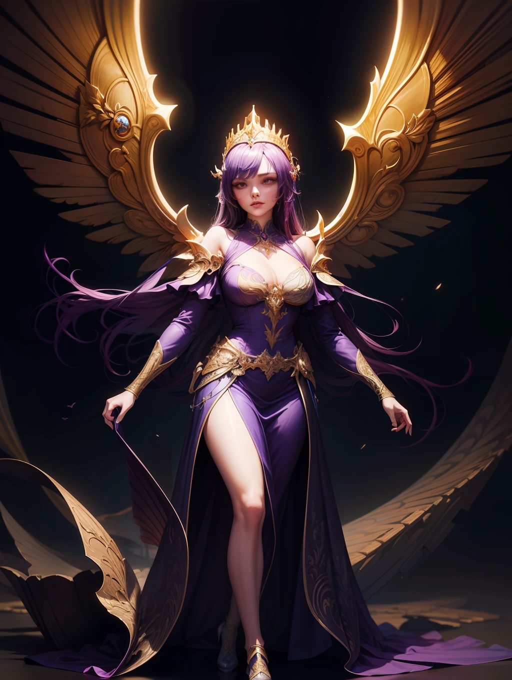 a woman with a purple dress and gold wings in front of a dark background, detailed fantasy digital art, beautiful digital artwork, digital fantasy art ), 8k high quality detailed art, fantasy art style, digital art fantasy art, a beautiful fantasy empress, trending digital fantasy art, gorgeous digital art, 4k highly detailed digital art, digital art fantasy, beautiful digital art